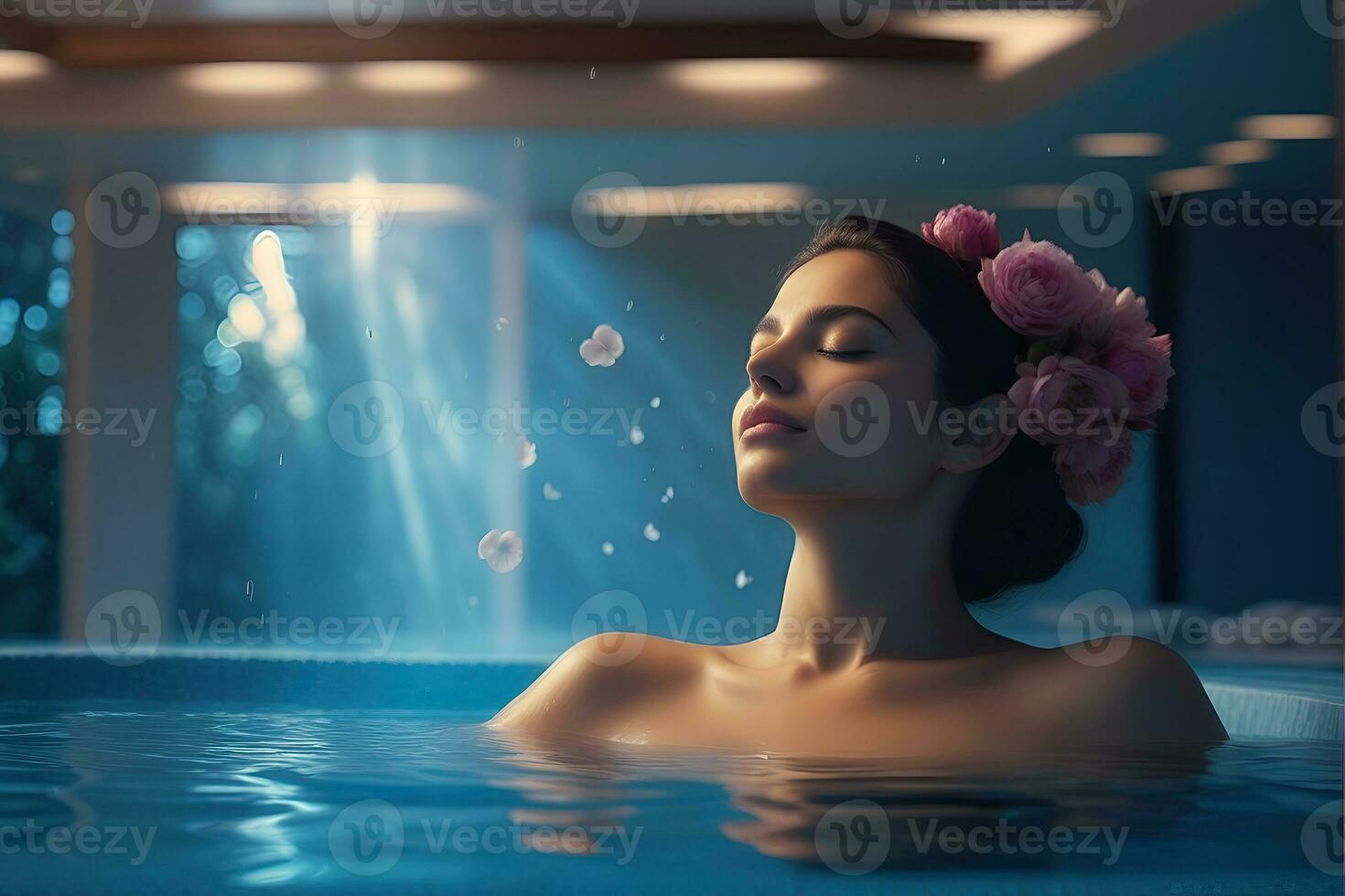 AI generated beautiful woman undergoing Therapy and bathing treatment in spa studio photo