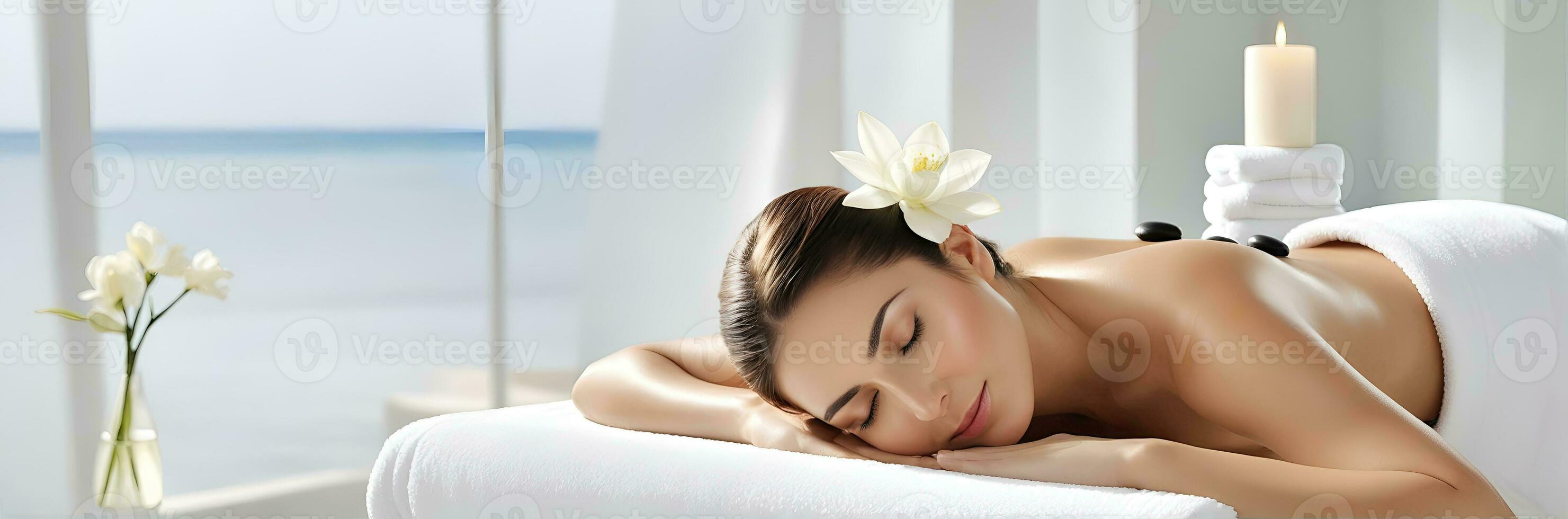 AI generated beautiful woman undergoing Therapy and bathing treatment in spa studio photo