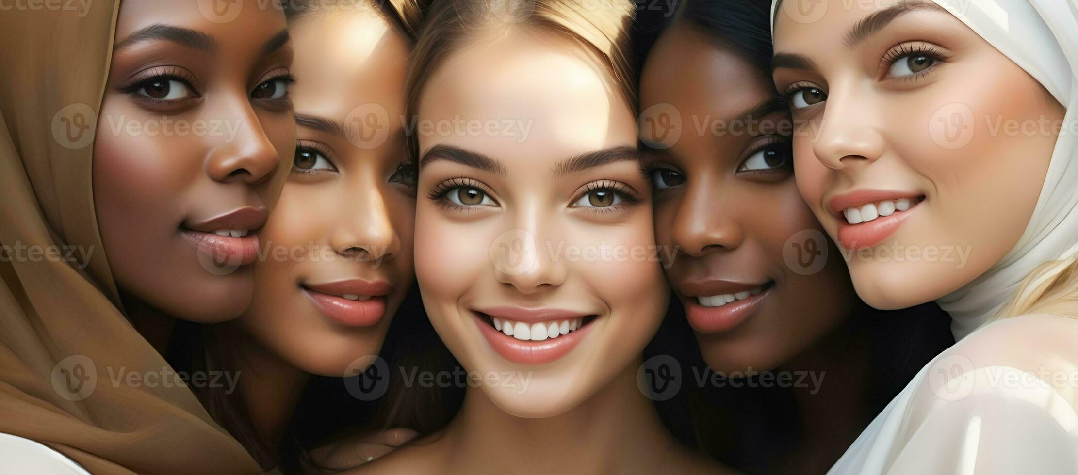 AI generated Beautiful young multiethnic women with natural makeup. Advertising for female fashion models, face and body skin care. photo