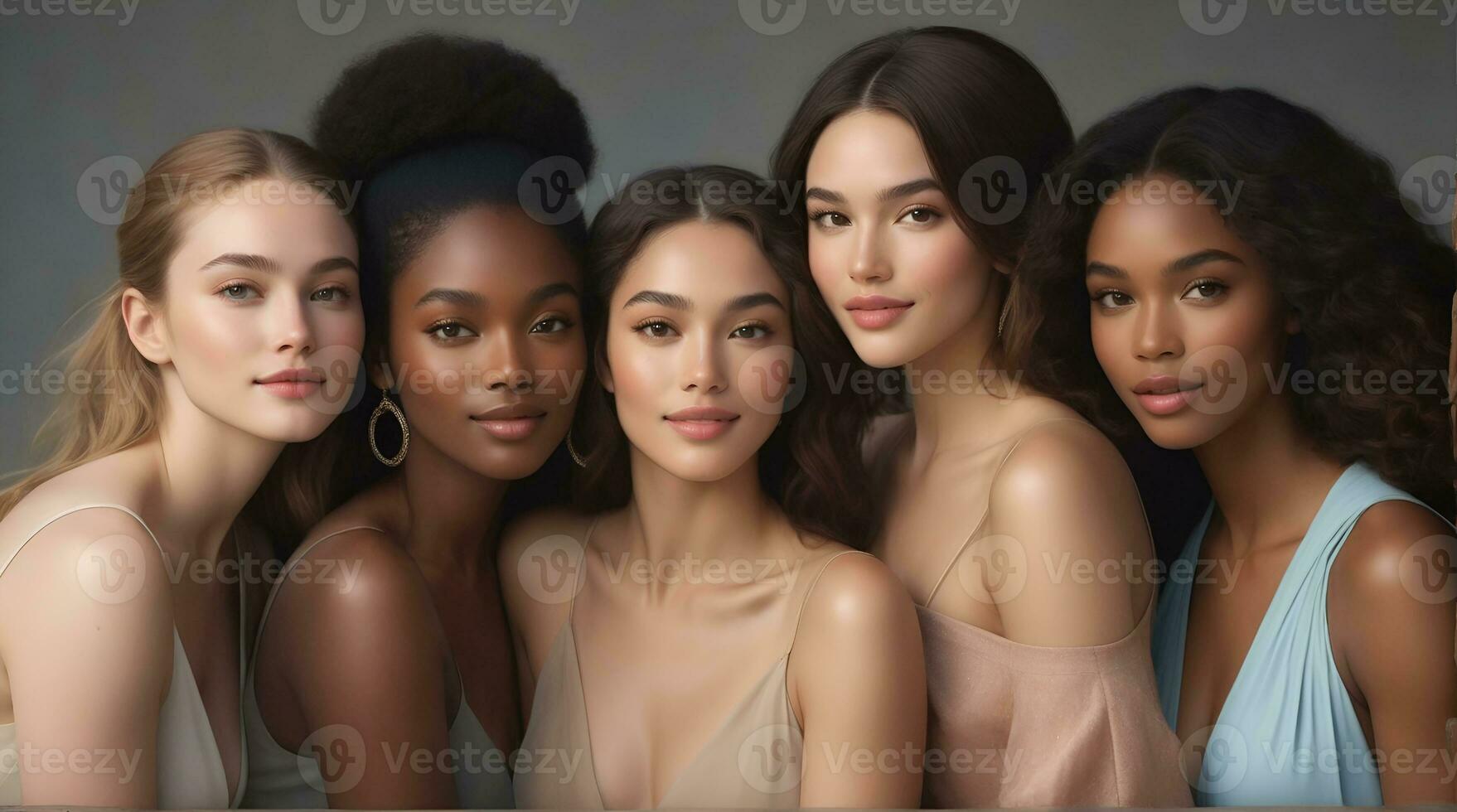 AI generated Beautiful young multiethnic women with natural makeup. Advertising for female fashion models, face and body skin care. photo