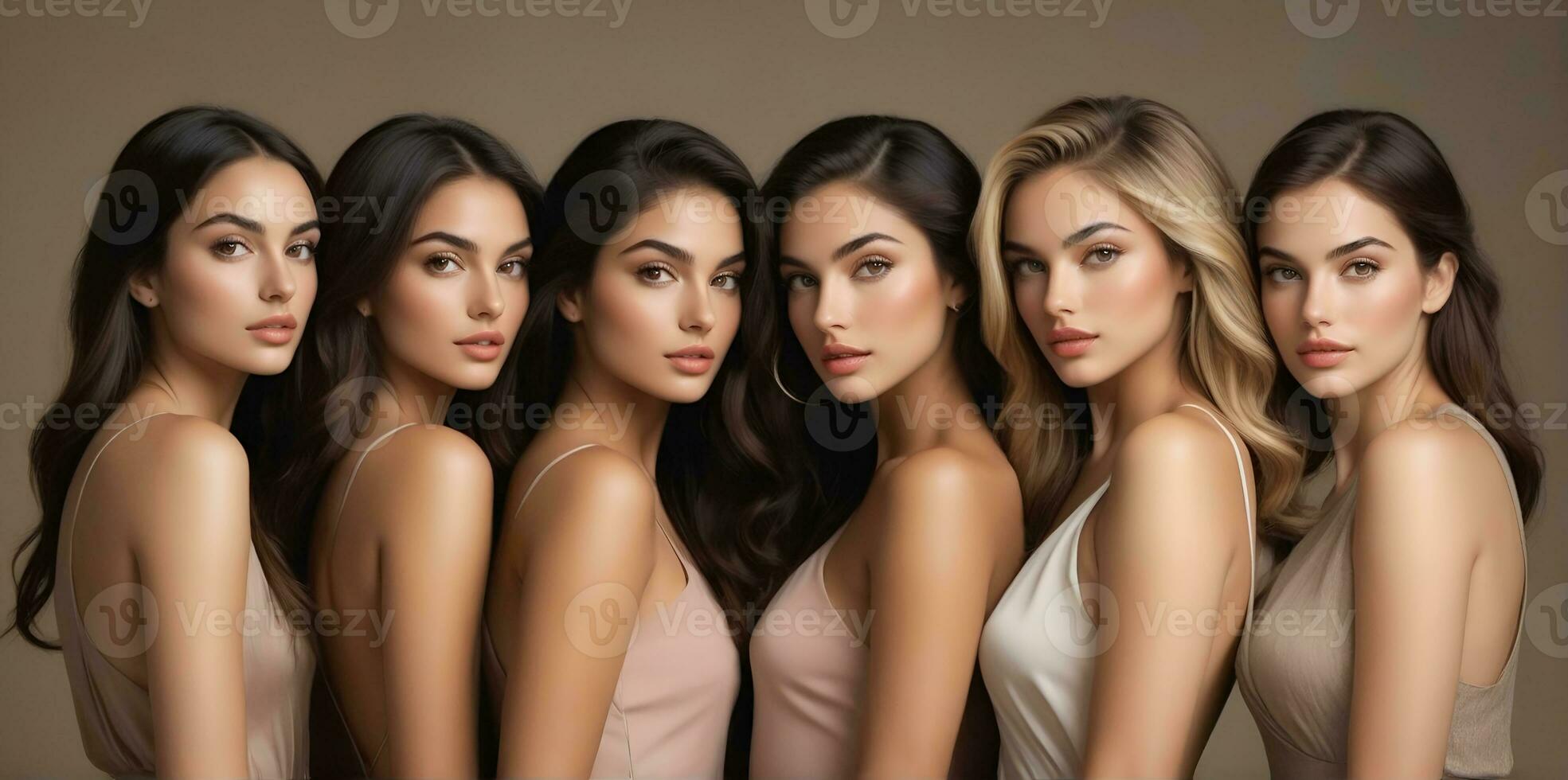 AI generated Beautiful young multiethnic women with natural makeup. Advertising for female fashion models, face and body skin care. photo