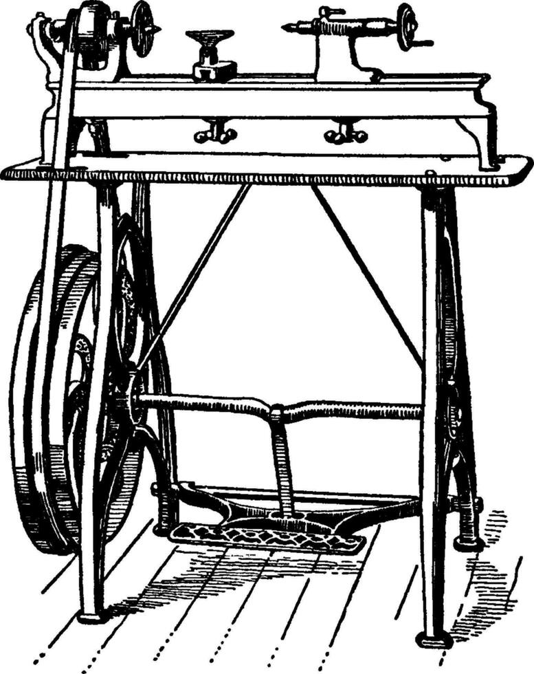 Foot power Wood working Lathe, vintage illustration. vector