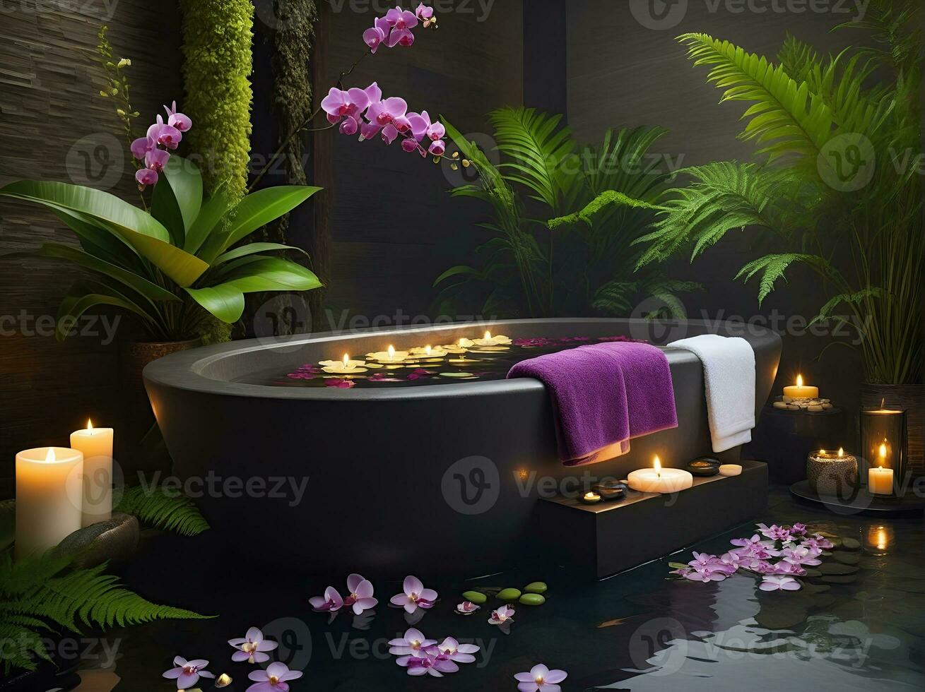 AI generated Spa treatment aroma therapy with candles, Stones and flowers for relax wellness. photo