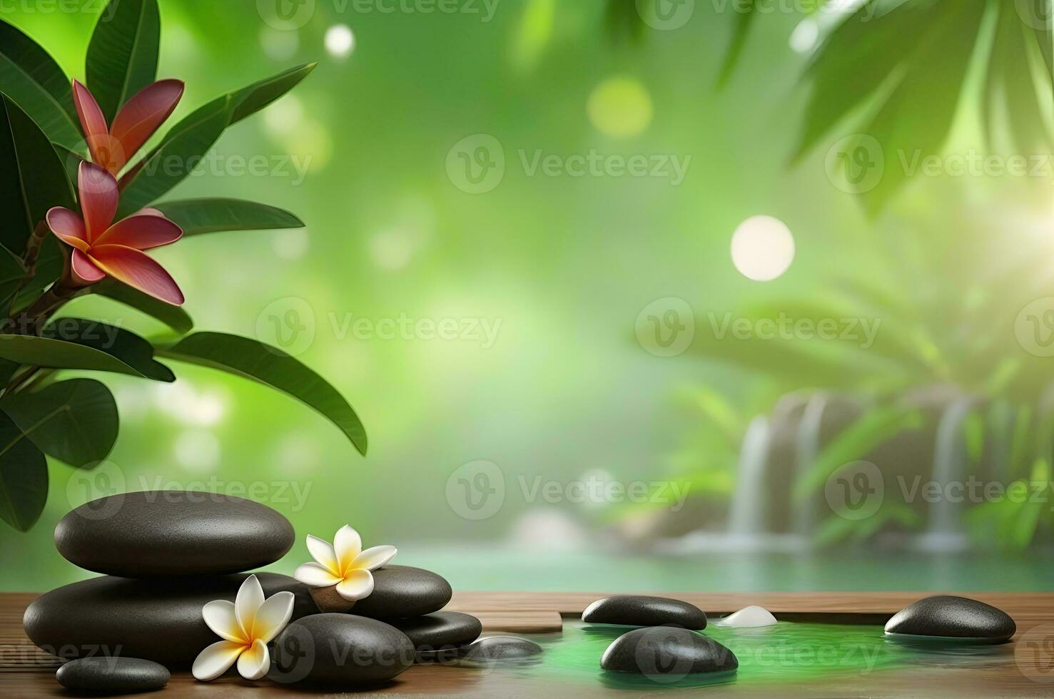 AI generated Spa treatment aroma therapy with candles, Stones and flowers for relax wellness. photo