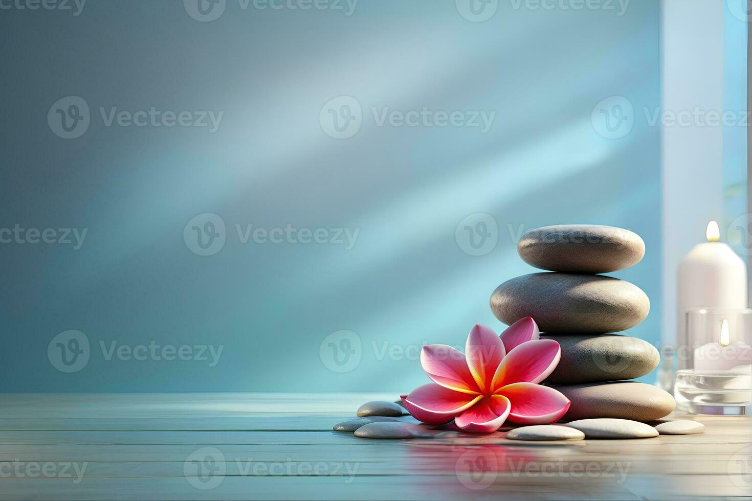 AI generated Spa treatment aroma therapy with candles, Stones and flowers for relax wellness. photo