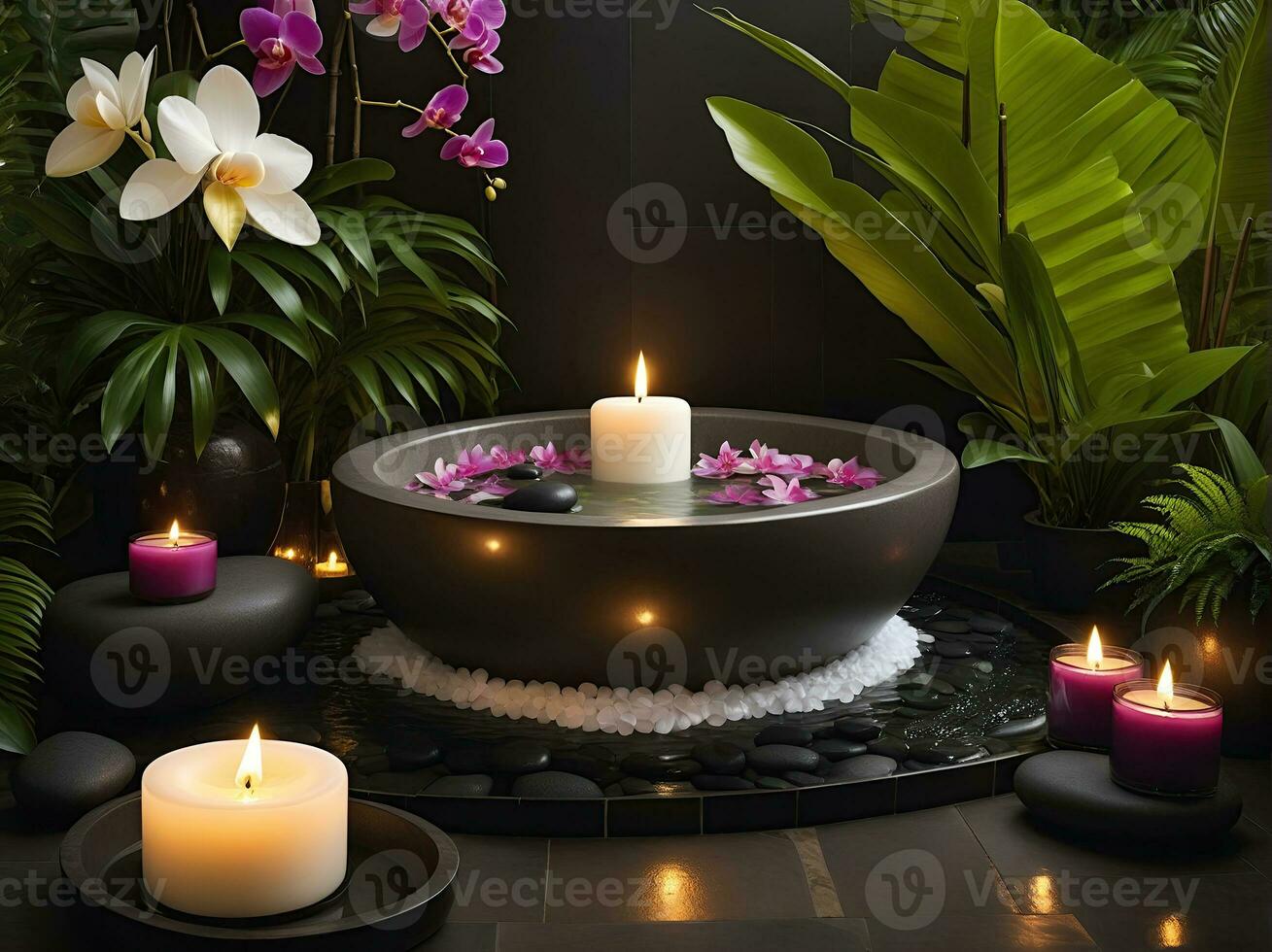 AI generated Spa treatment aroma therapy with candles, Stones and flowers for relax wellness. photo