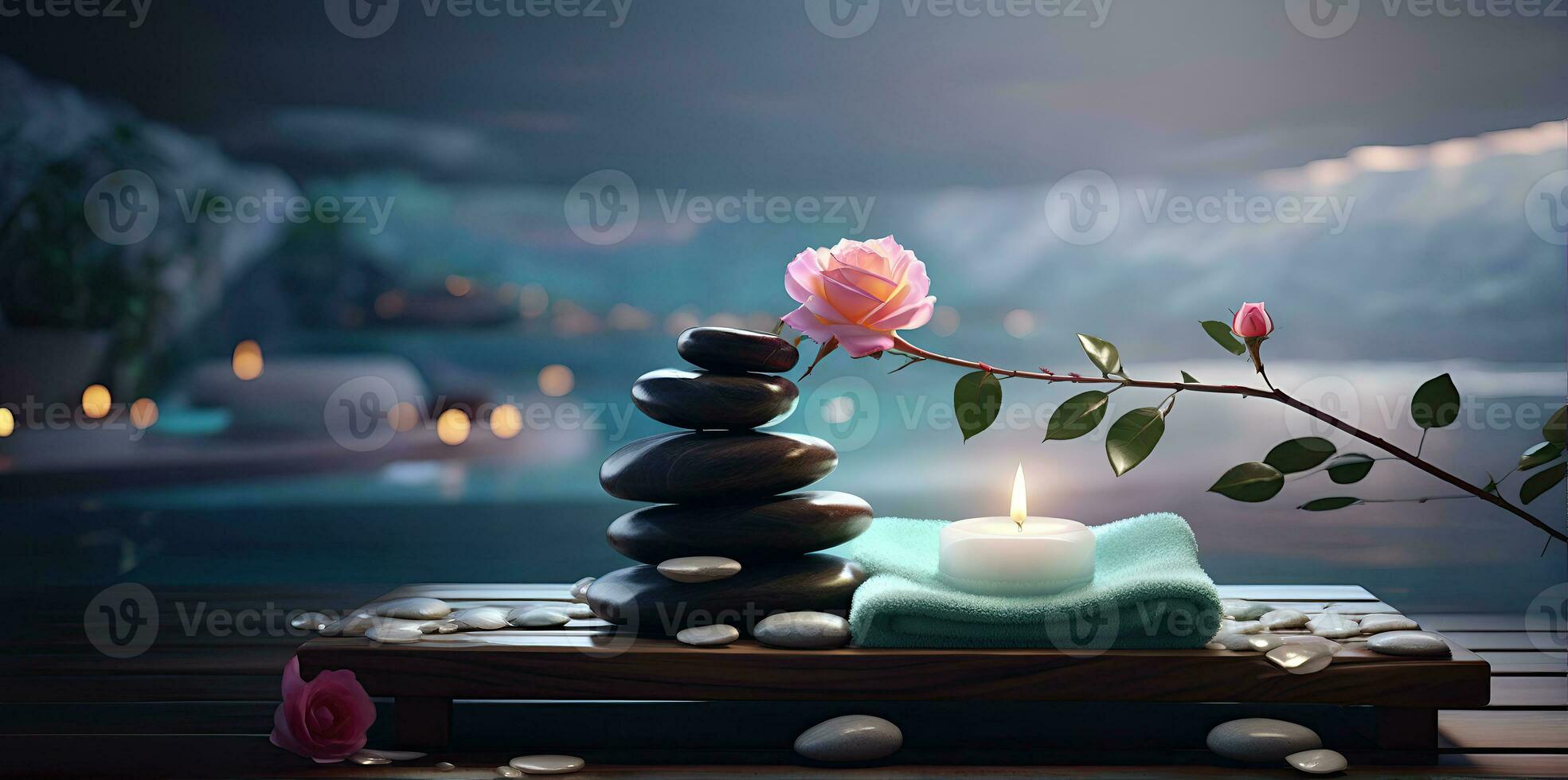 AI generated Spa treatment aroma therapy with candles, Stones and flowers for relax wellness. photo