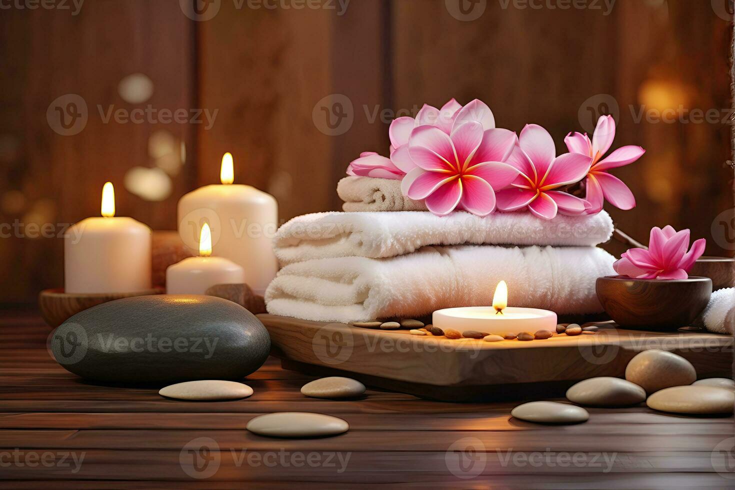 AI generated Spa treatment aroma therapy with candles, Stones and flowers for relax wellness. photo