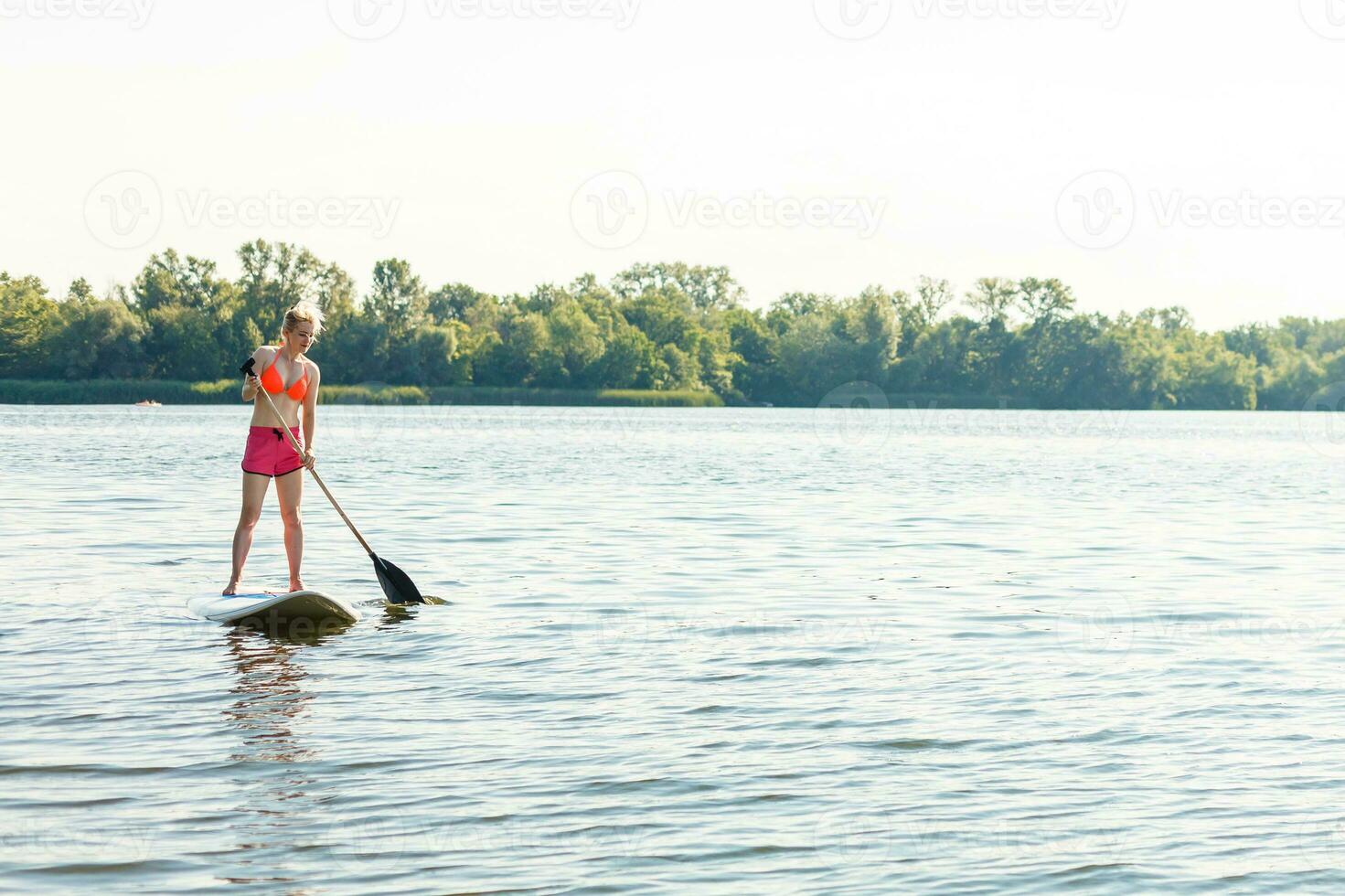 Young attractive woman on stand up paddle board in the lake, SUP photo
