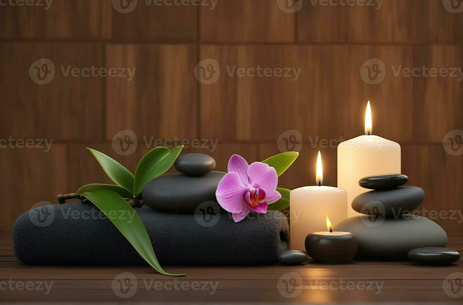 AI generated Spa treatment aroma therapy with candles, Stones and flowers for relax wellness. photo