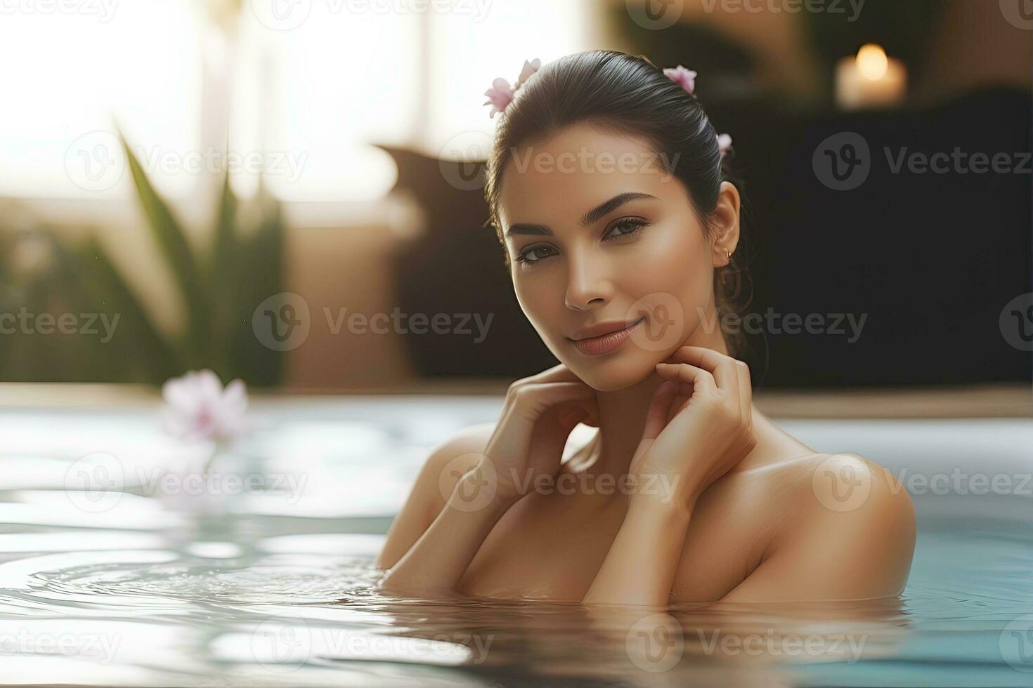 AI generated beautiful woman undergoing Therapy and bathing treatment in spa studio photo