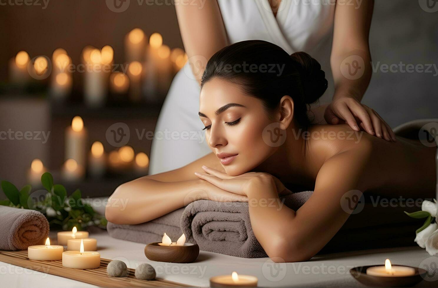 AI generated beautiful woman undergoing Therapy and bathing treatment in spa studio photo