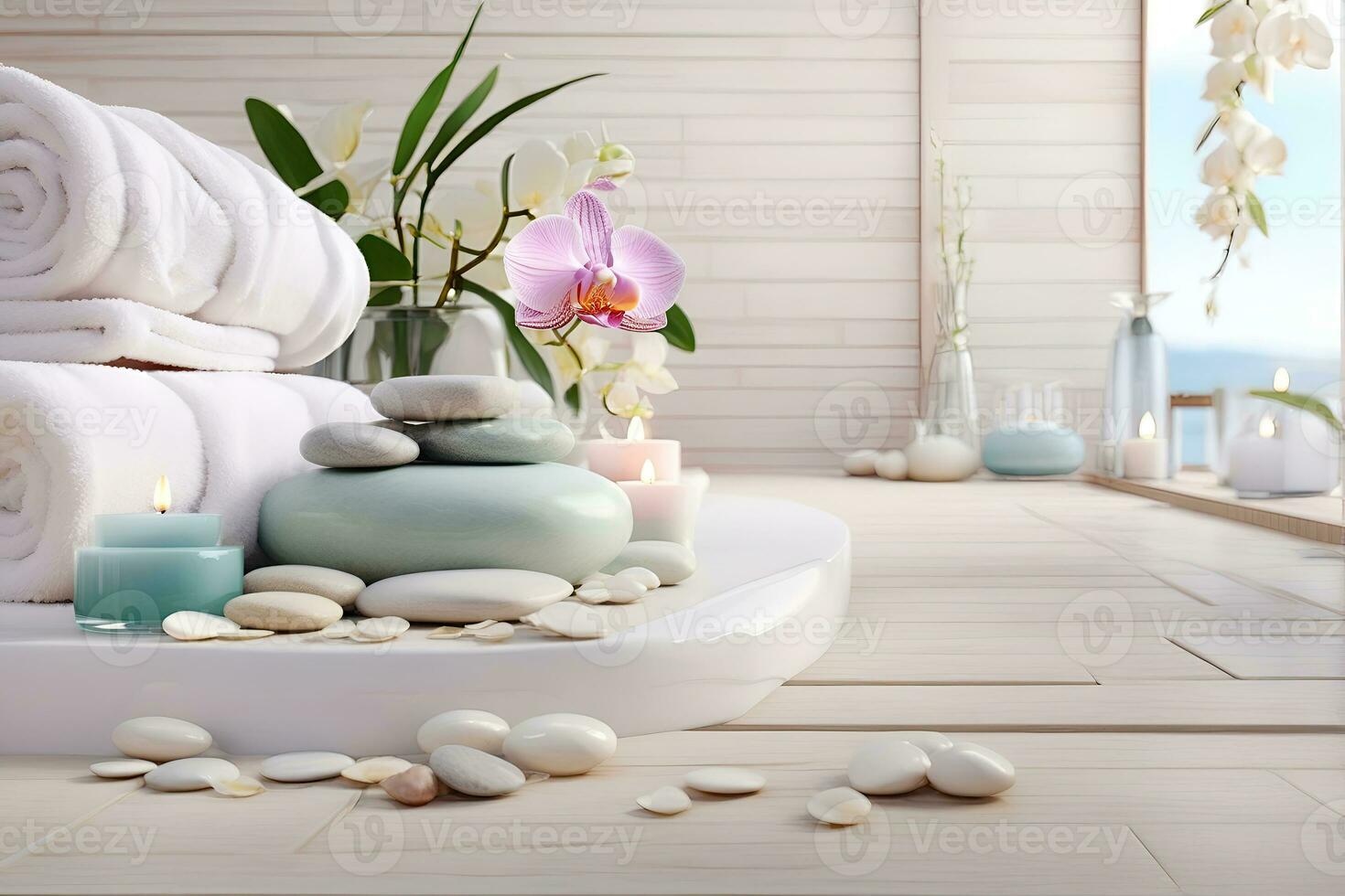 AI generated Spa treatment aroma therapy with candles, Stones and flowers for relax wellness. photo