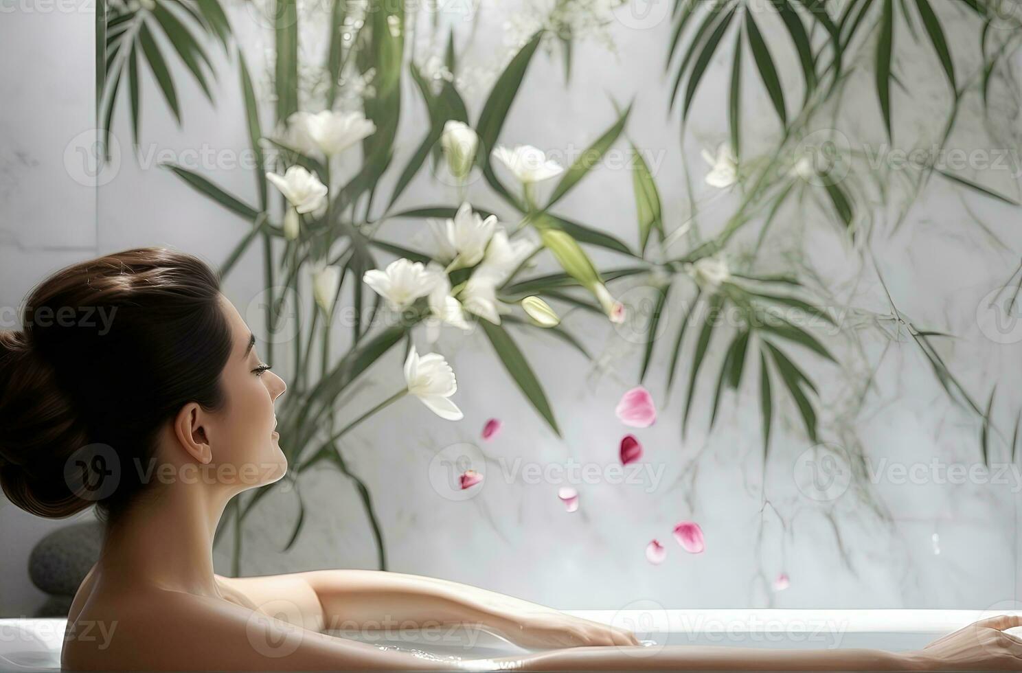 AI generated beautiful woman undergoing Therapy and bathing treatment in spa studio photo