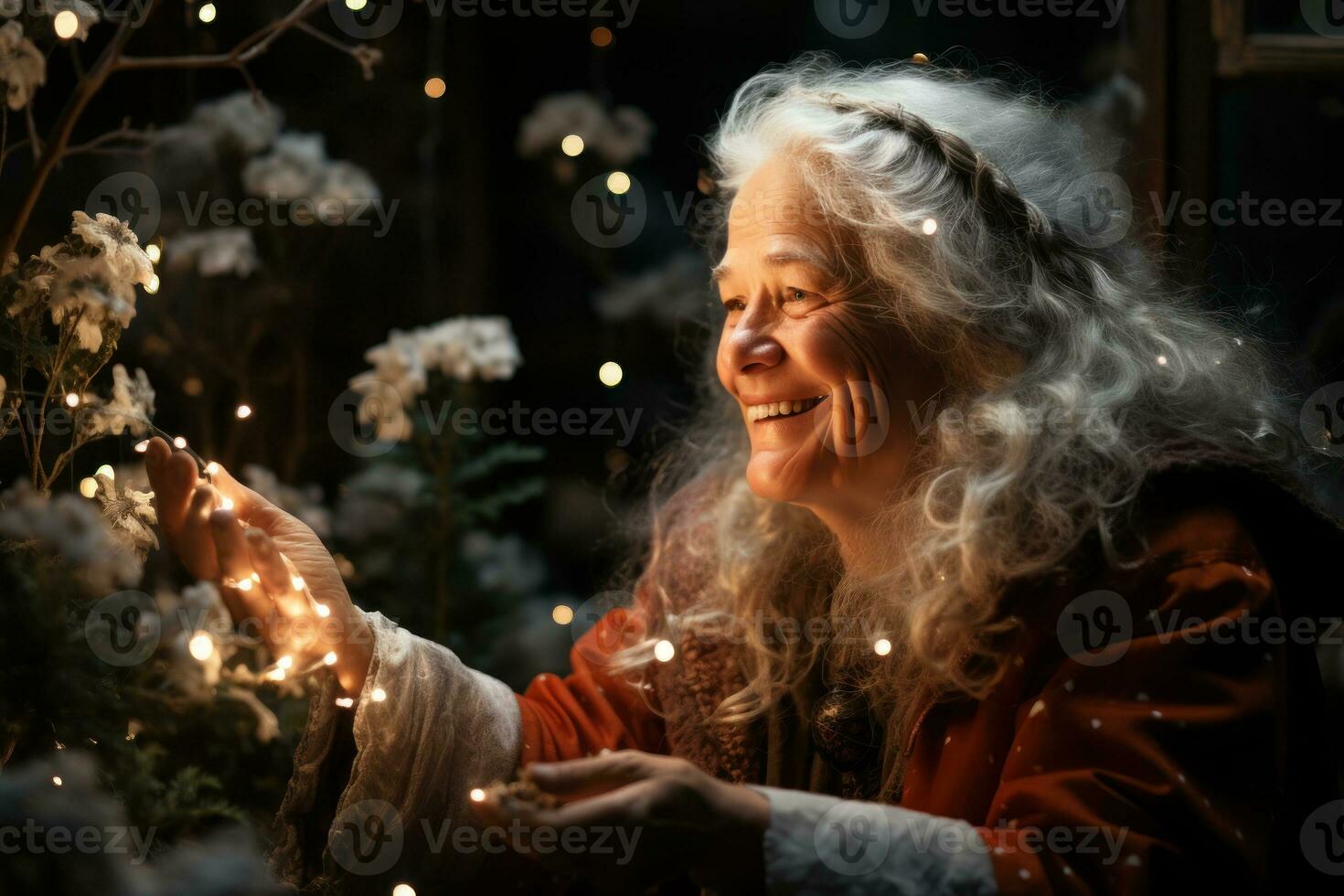 AI generated Mrs claus directs a spectacular light show illuminating the garden with twinkling magic, christmas picture photo