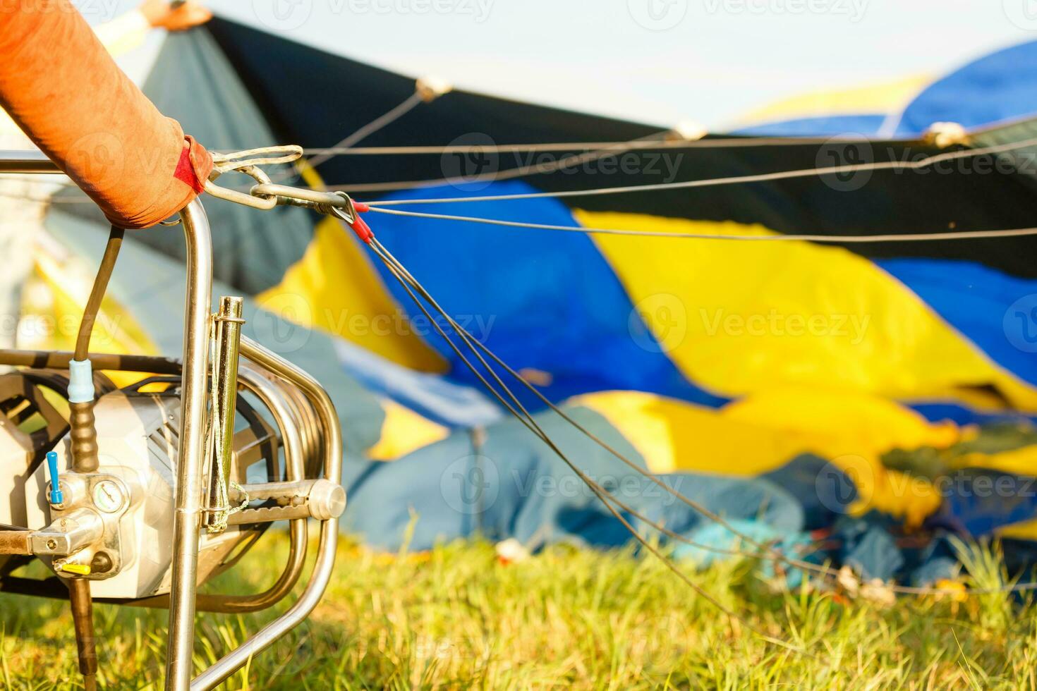 Hot air balloon basket on grass background. This has clipping path. photo