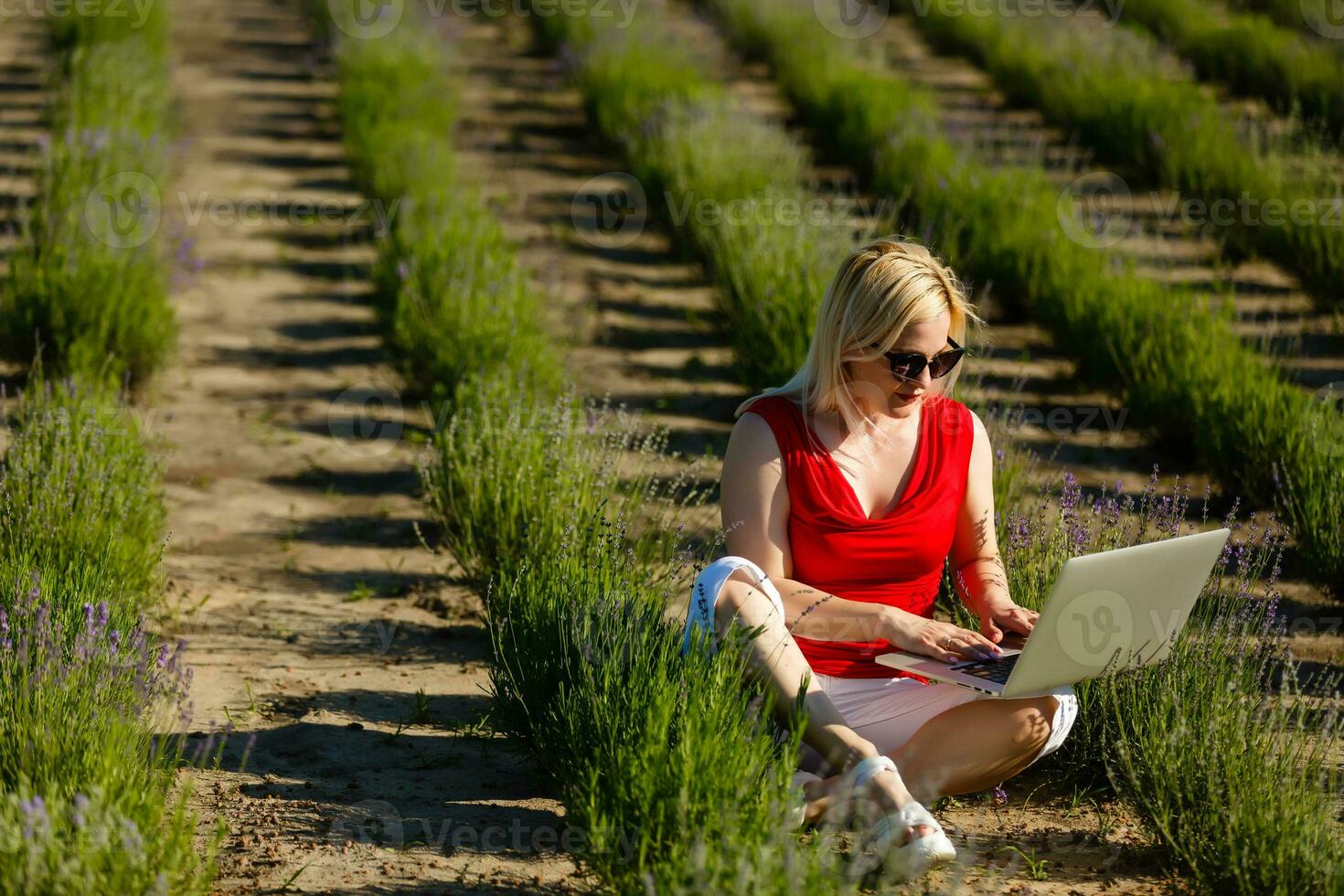 Portrait of a woman buying online or booking hotel with a laptop and credit card on the beach in vacations. E commerce concept photo