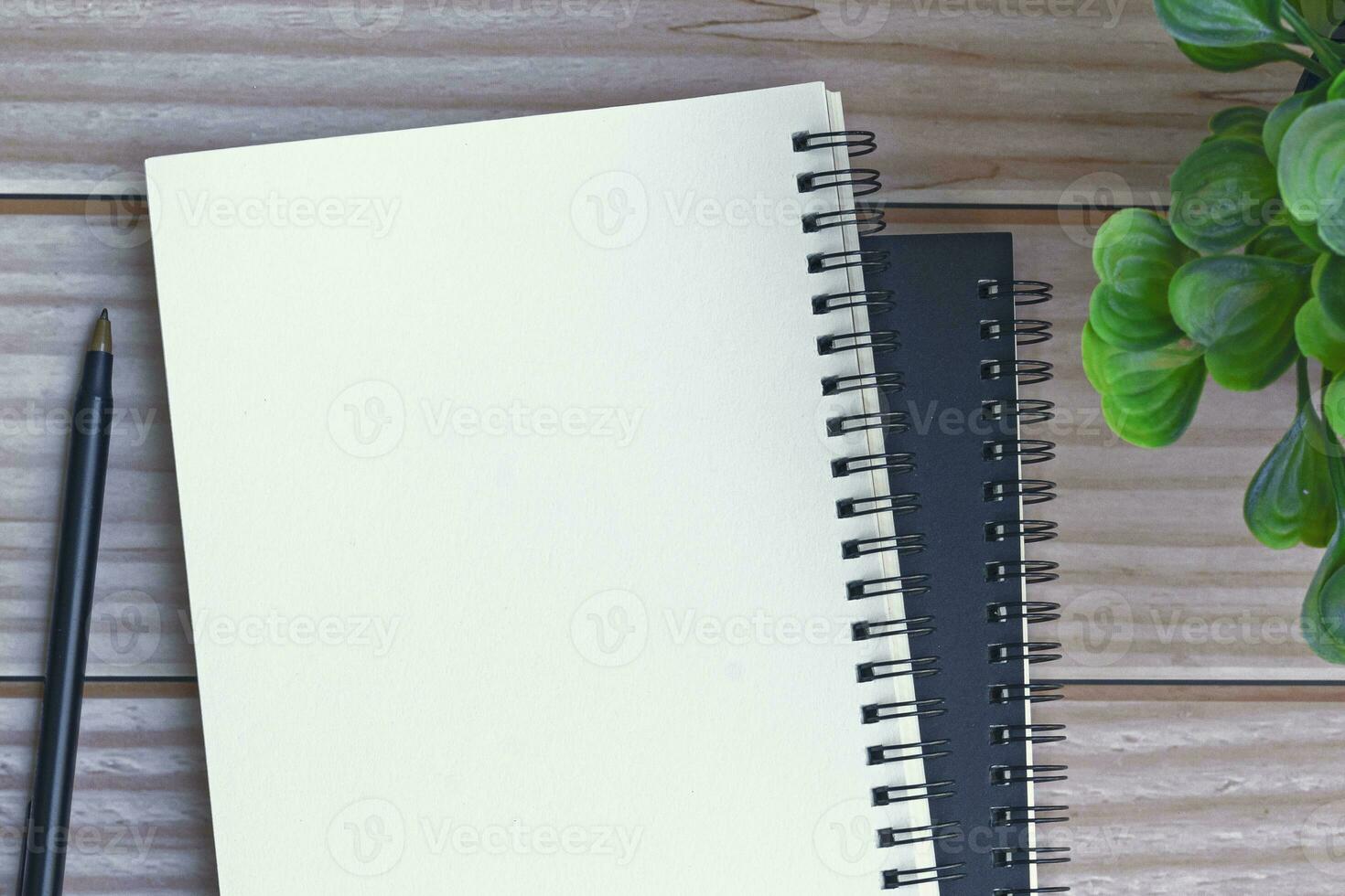 Directly above view of notepad with pen and potted plant on wooden desk. photo