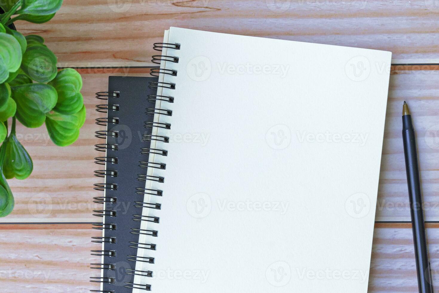 Directly above view of notepad with pen and potted plant on wooden desk. photo