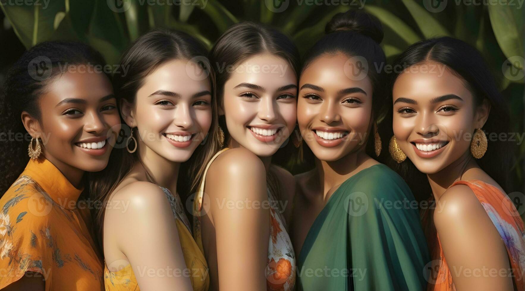 AI generated Beautiful young multiethnic women with natural makeup. Advertising for female fashion models, face and body skin care. photo