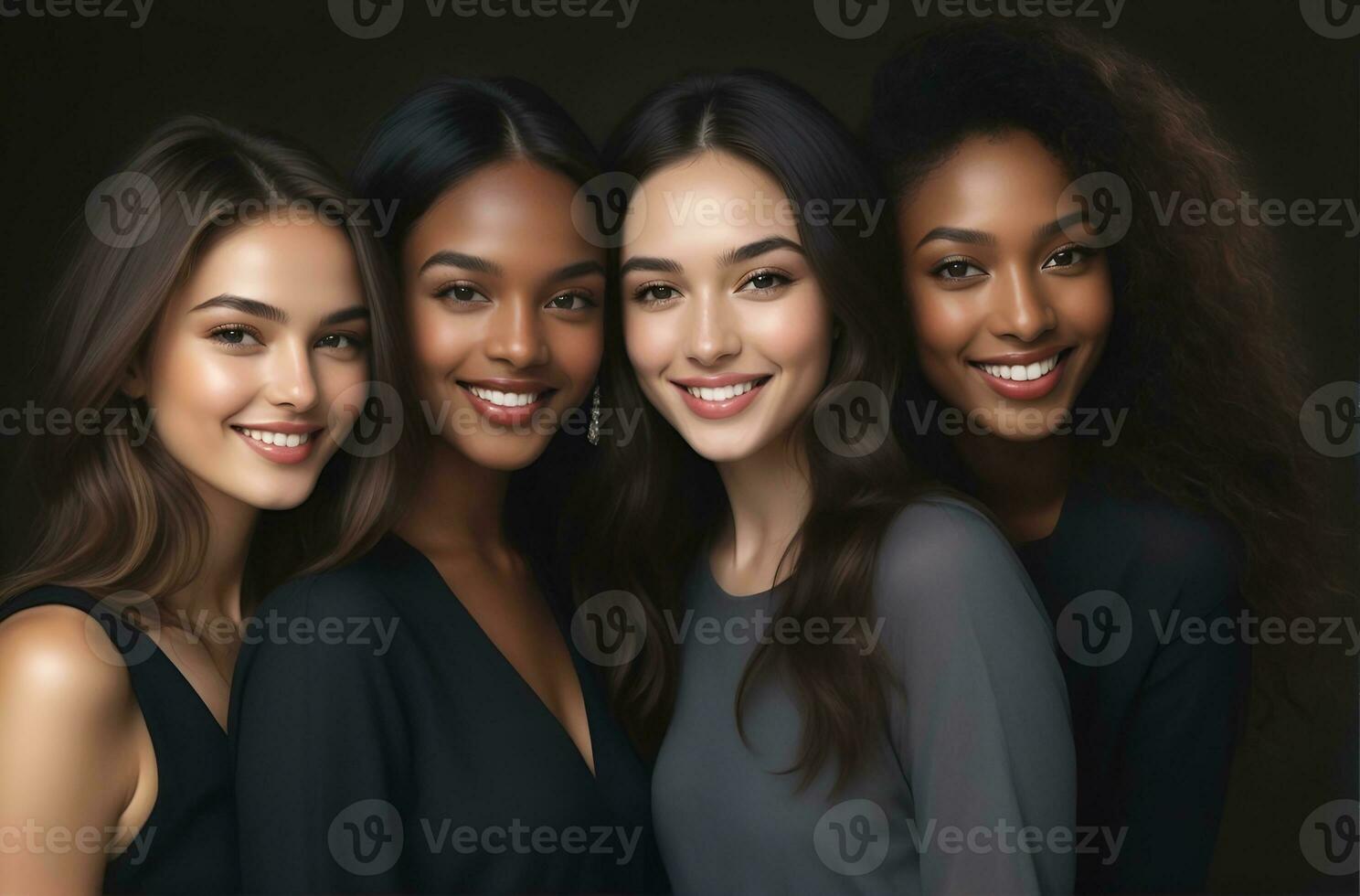 AI generated Beautiful young multiethnic women with natural makeup. Advertising for female fashion models, face and body skin care. photo