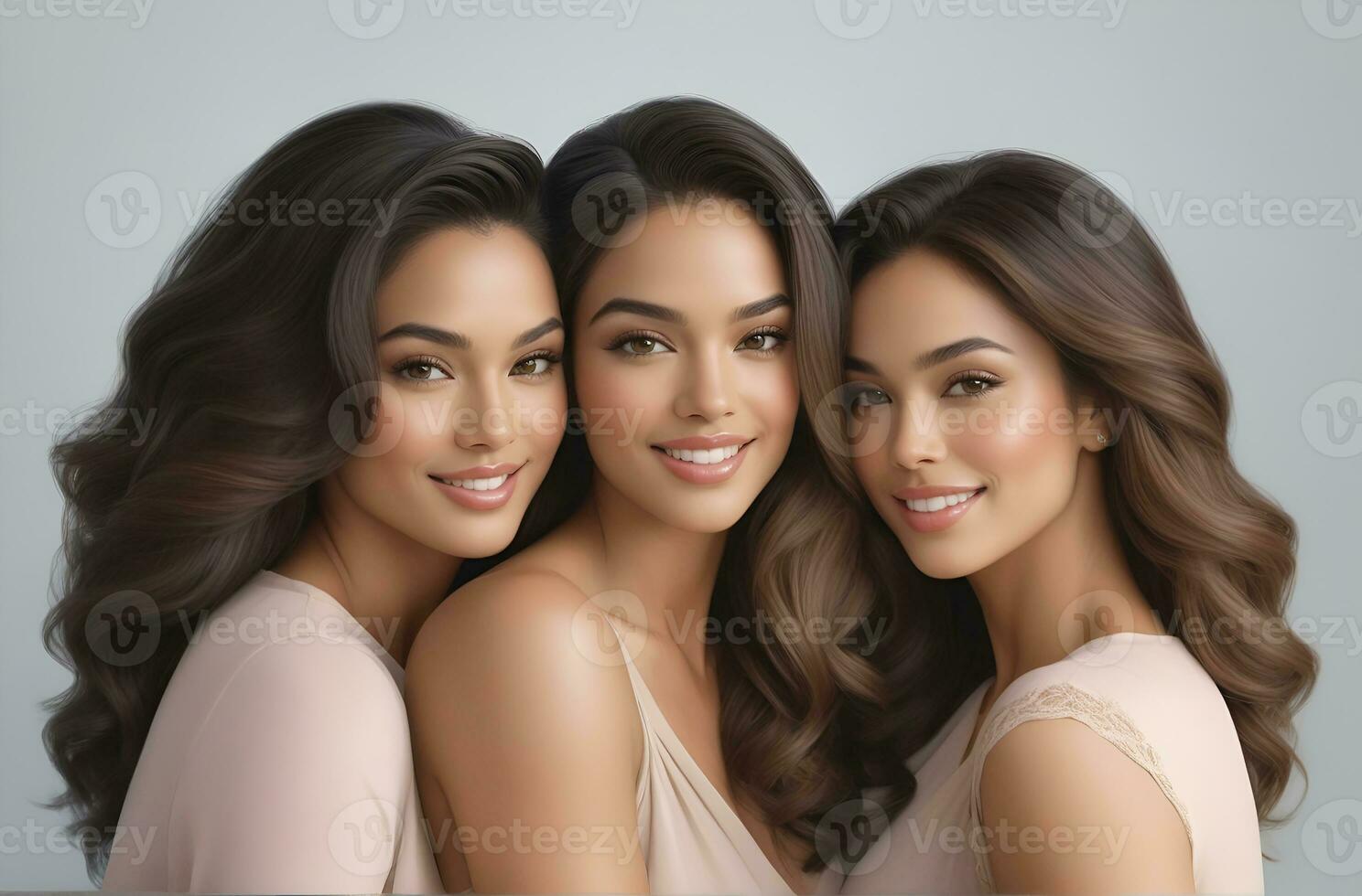 AI generated Beautiful young multiethnic women with natural makeup. Advertising for female fashion models, face and body skin care. photo