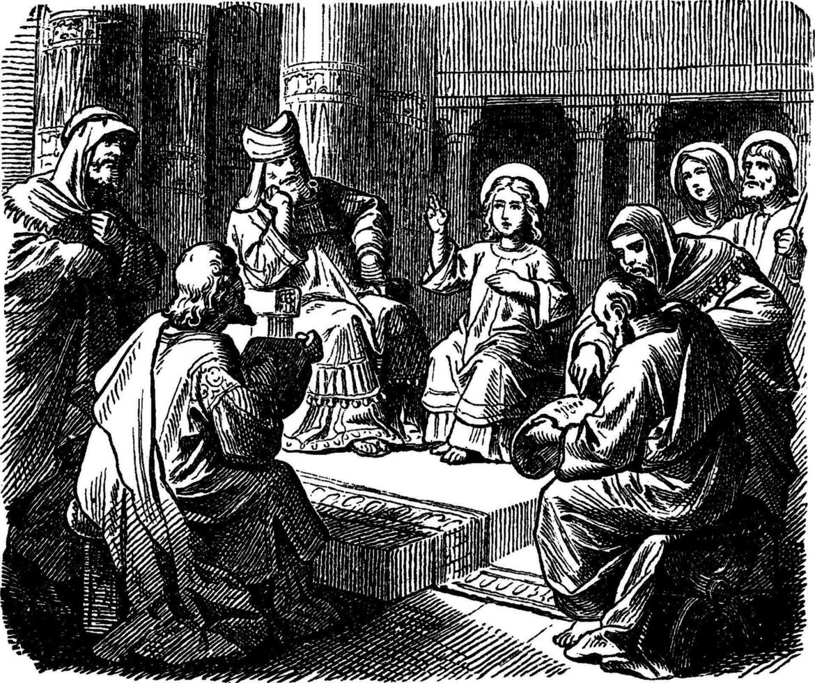 Jesus Teaching at the Temple at Twelve Years Old vintage illustration. vector
