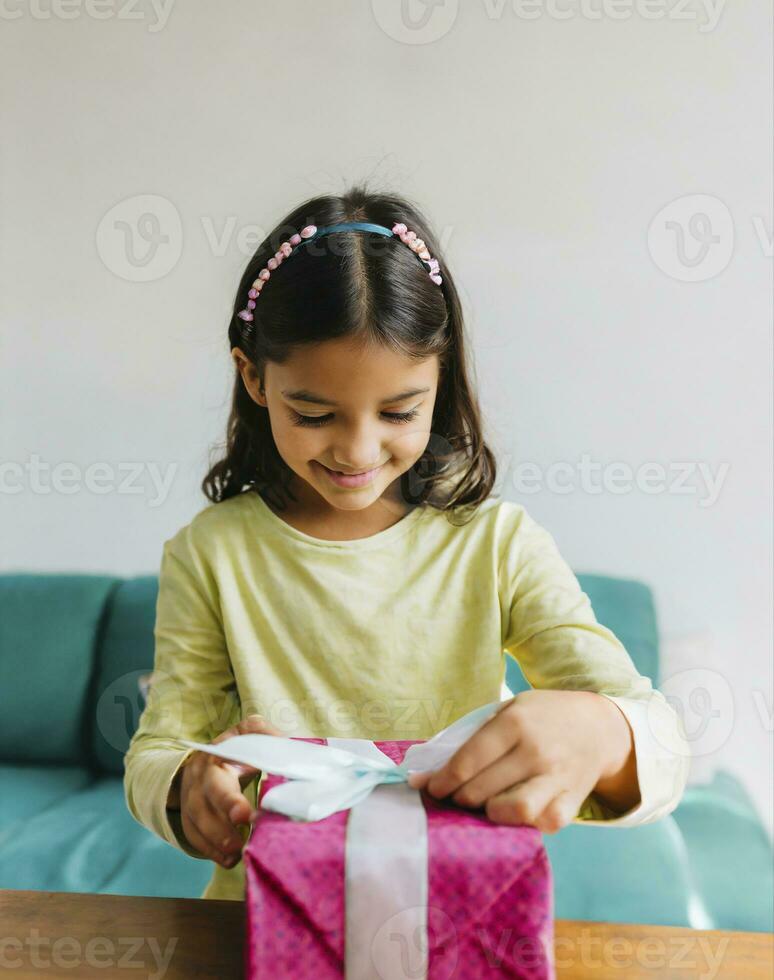 AI generated a happy child unwrapping a present photo