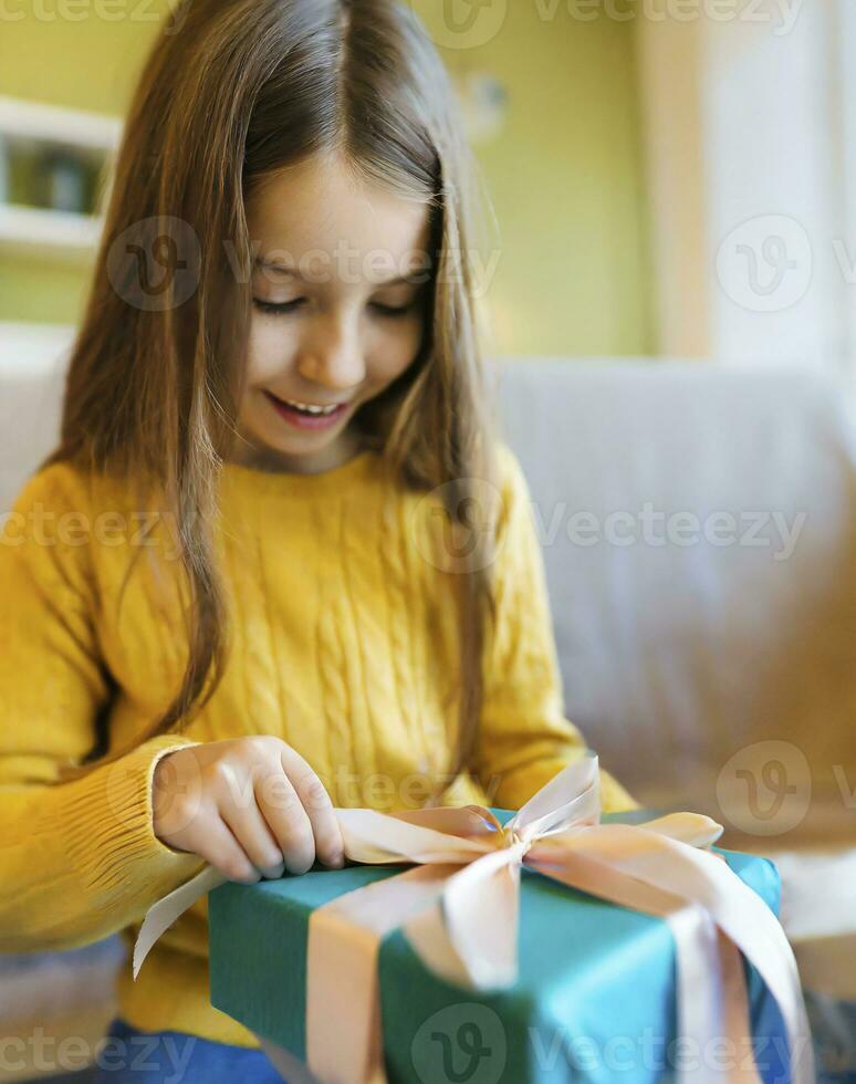 AI generated a happy child unwrapping a present photo