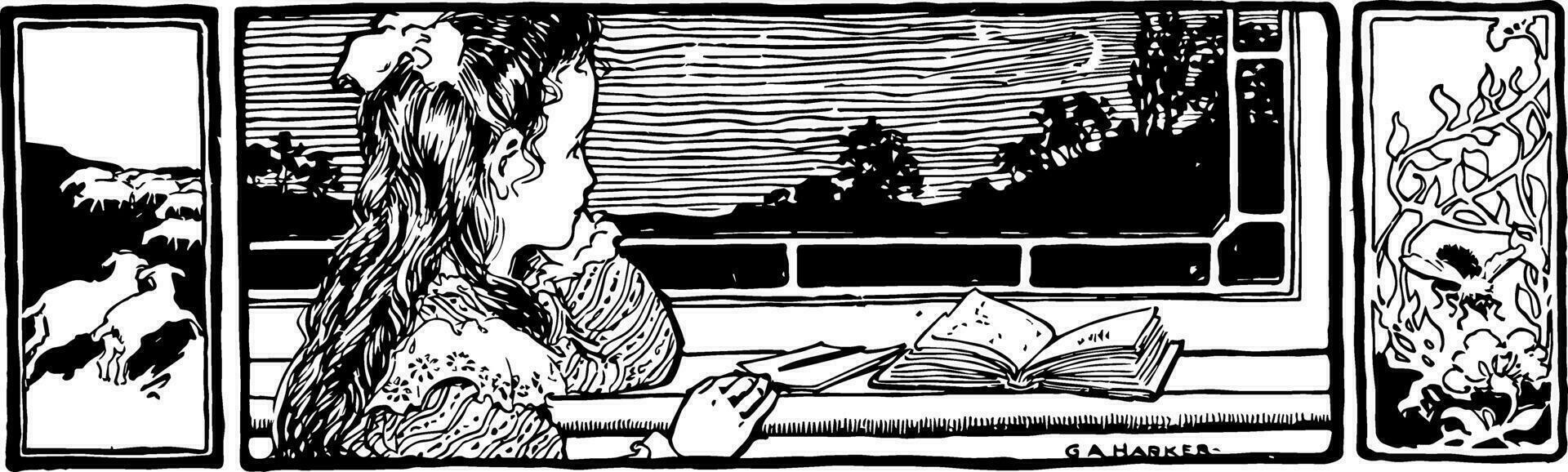 Reading at Window, homework,  vintage engraving. vector