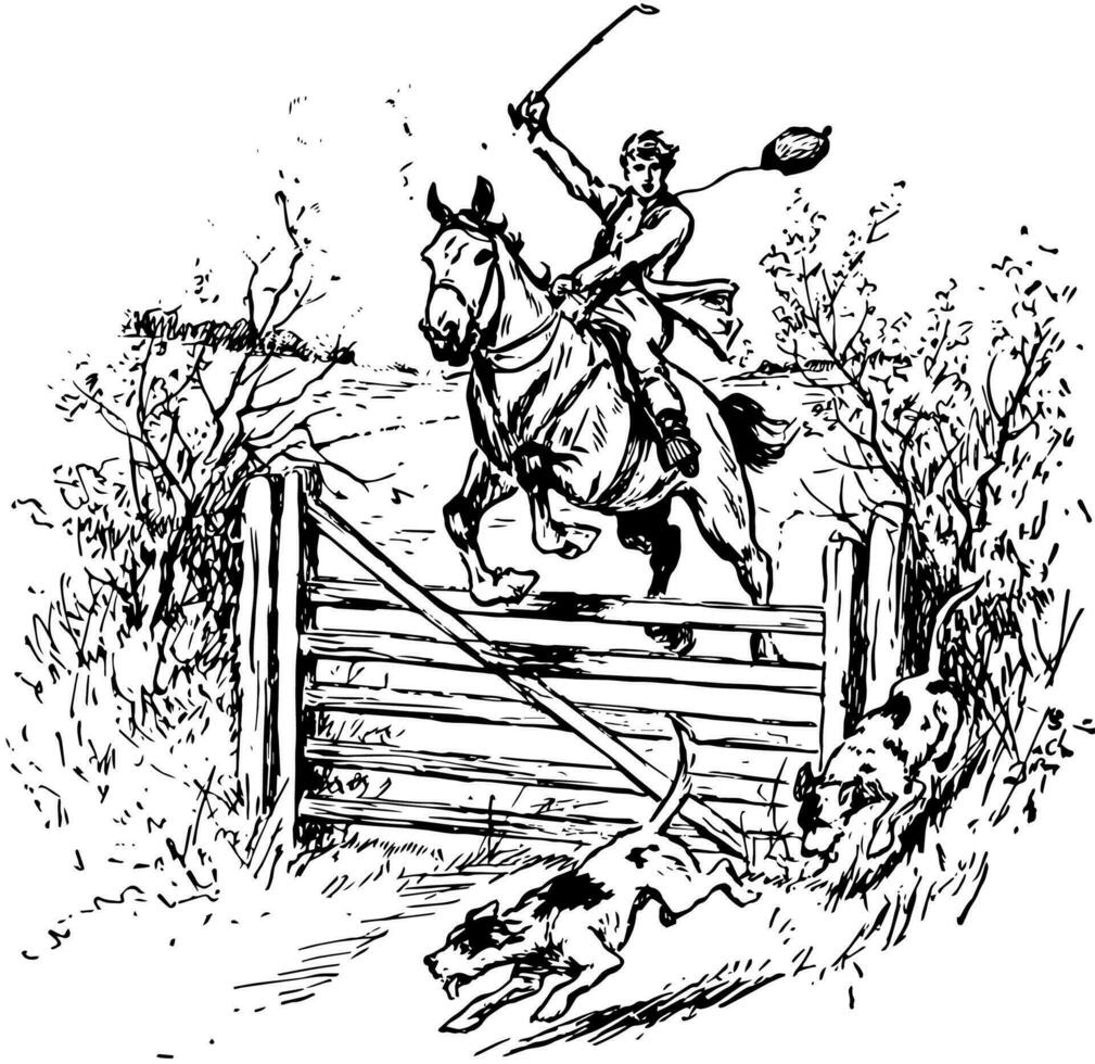 Horse Jumping Over Fence vintage illustration. vector