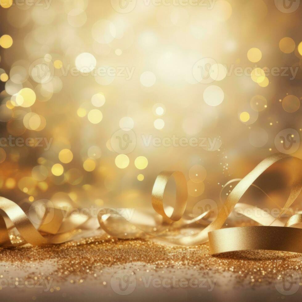 AI generated Golden blurred background with a bokeh effect, confetti, and golden ribbons. An abstract luxurious festive backdrop. Generative ai. photo