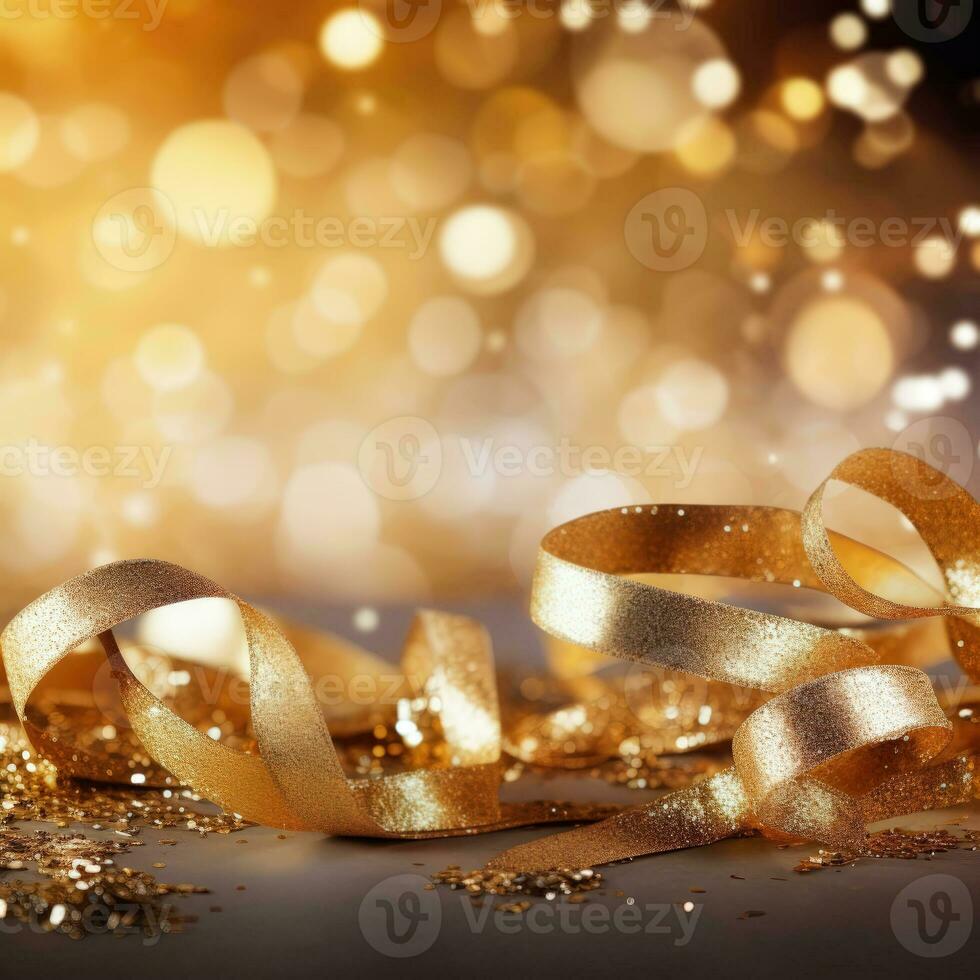 AI generated Golden blurred background with a bokeh effect, confetti, and golden ribbons. An abstract luxurious festive backdrop. Generative ai. photo