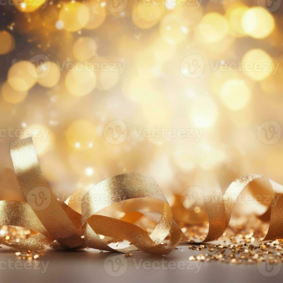 ai generado dorado borroso antecedentes con un bokeh efecto, papel picado, y dorado cintas un resumen lujoso festivo fondo. generativo ai. foto