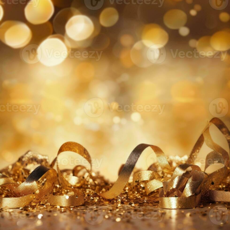 AI generated Golden blurred background with a bokeh effect, confetti, and golden ribbons. An abstract luxurious festive backdrop. Generative ai. photo