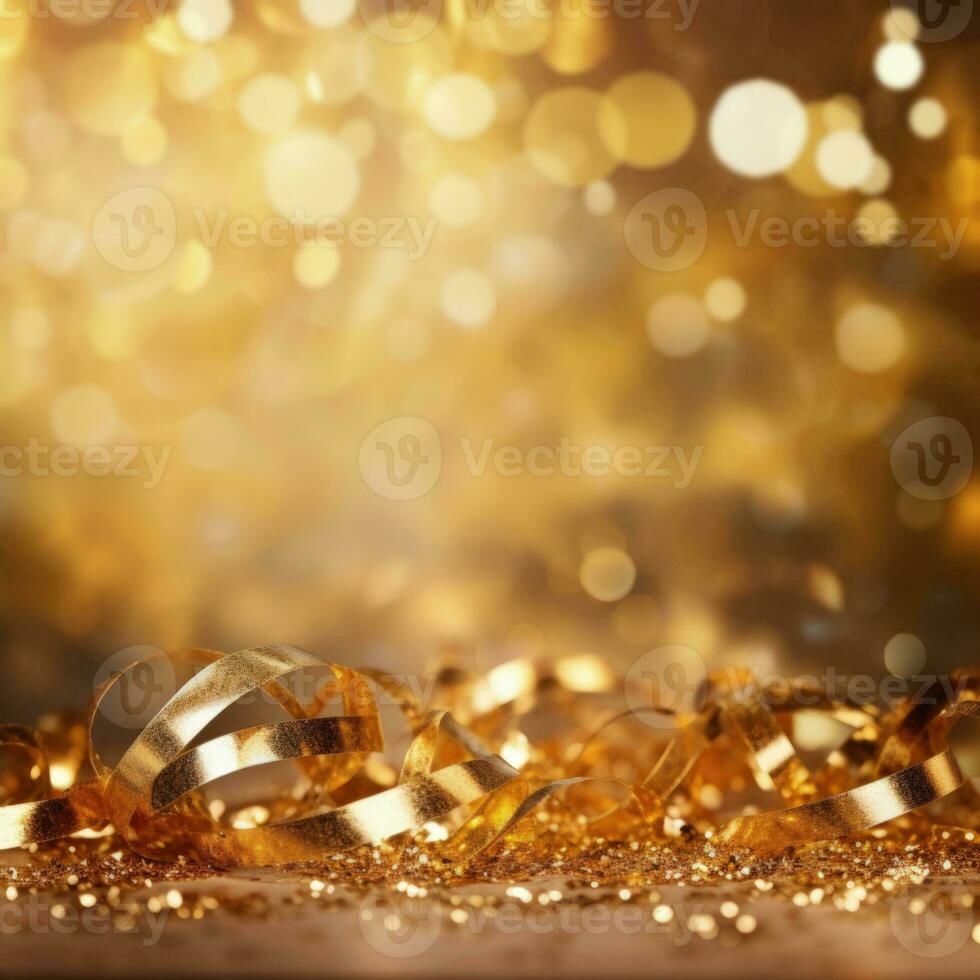 AI generated Golden blurred background with a bokeh effect, confetti, and golden ribbons. An abstract luxurious festive backdrop. Generative ai. photo