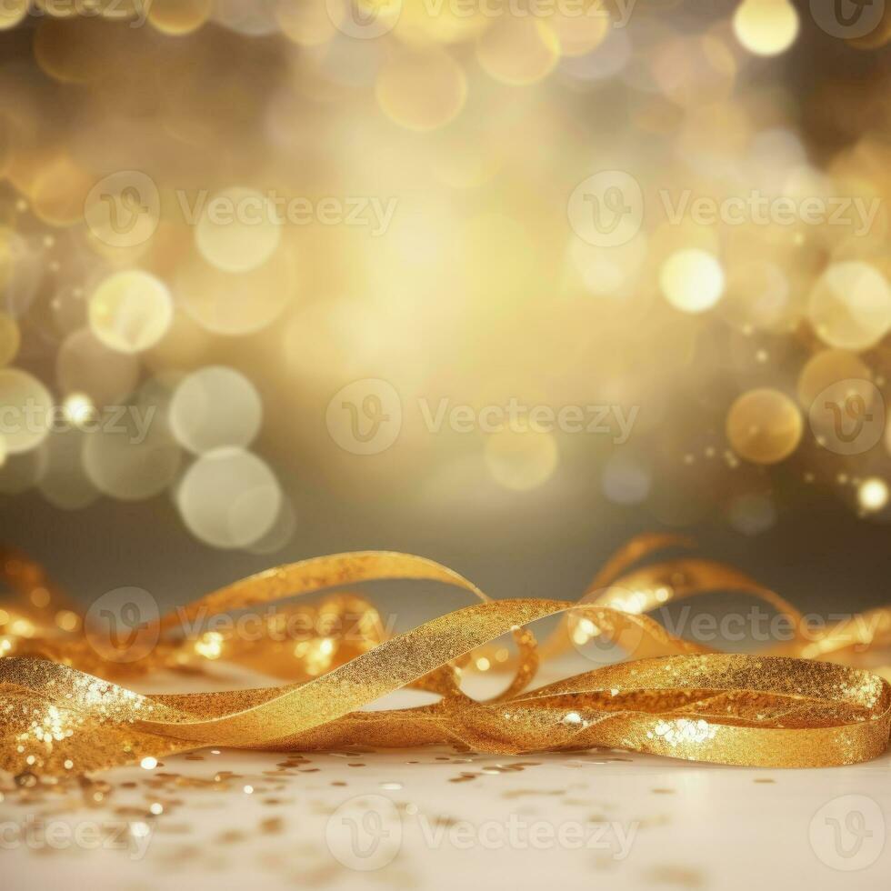 AI generated Golden blurred background with a bokeh effect, confetti, and golden ribbons. An abstract luxurious festive backdrop. Generative ai. photo