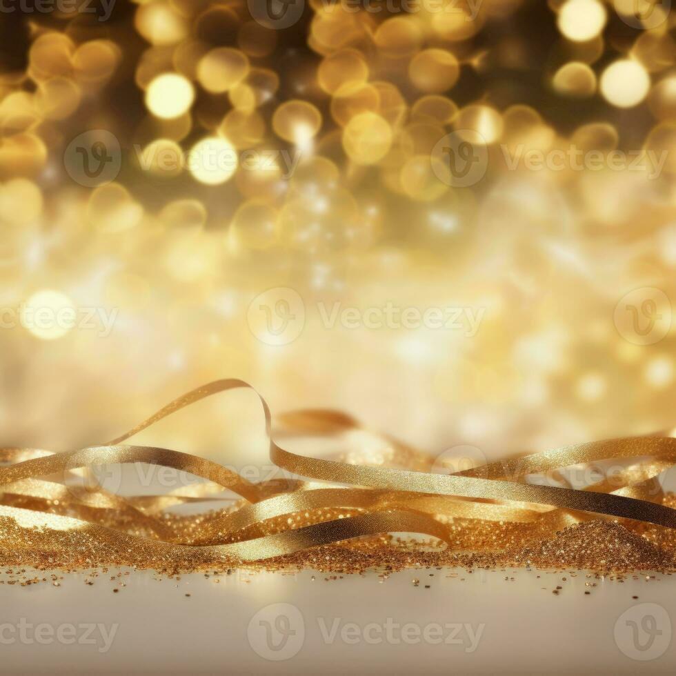 AI generated Golden blurred background with a bokeh effect, confetti, and golden ribbons. An abstract luxurious festive backdrop. Generative ai. photo