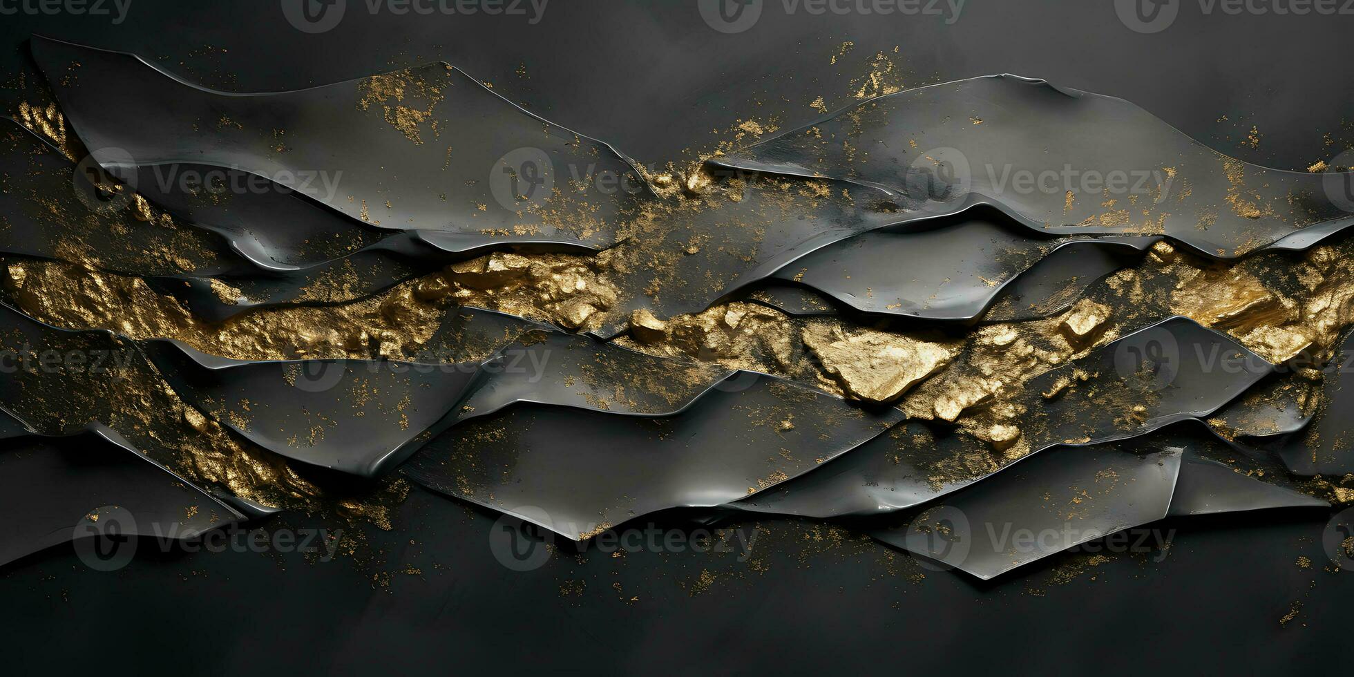 AI generated Abstract dark background. Black textured wall with a 3D pattern and gold elements. Wallpaper. Design solution for renovation. Modern Art photo