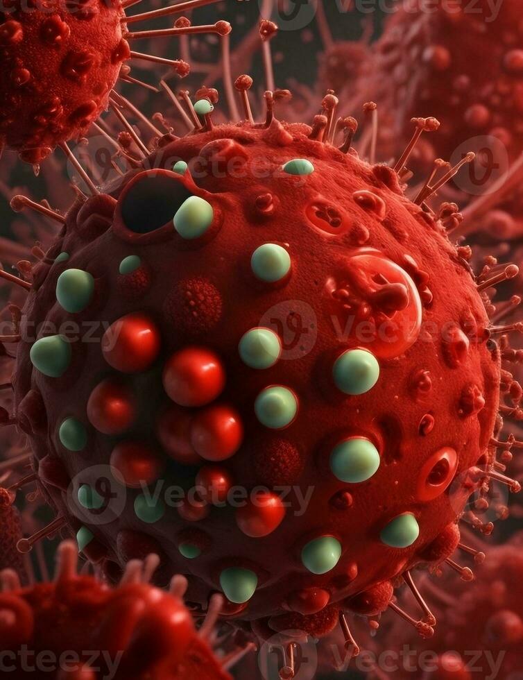 AI generated red virus cell, covid 19, microscopic photo