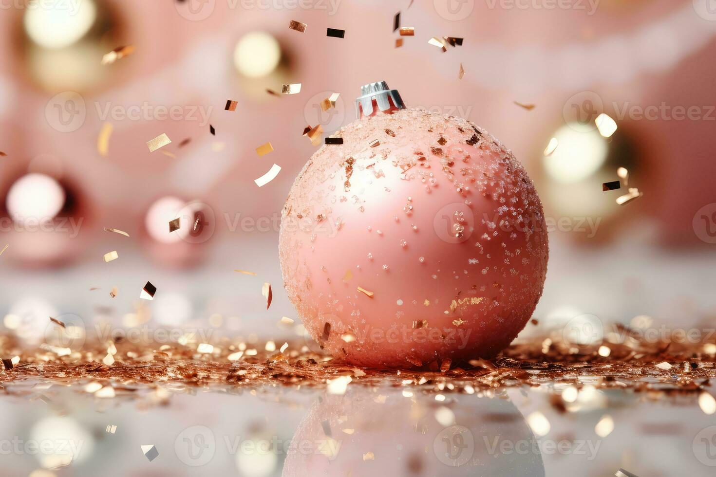AI generated Pink Christmas tree toy ball with festive confetti on a pink bokeh background. photo