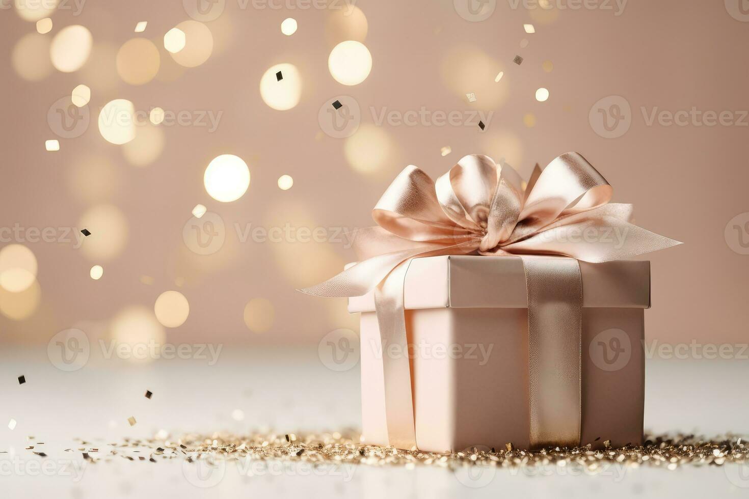 AI generated Pink gift box with a bow on festive glittering bokeh pink background photo