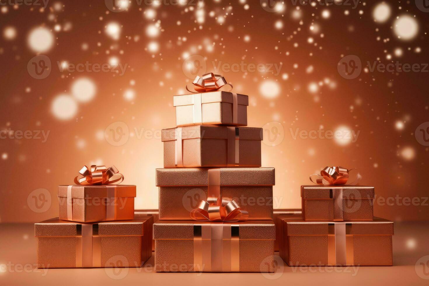 AI generated Golden Peach Fuzz gift boxes on festive glittering bokeh orange background with copy space. photo