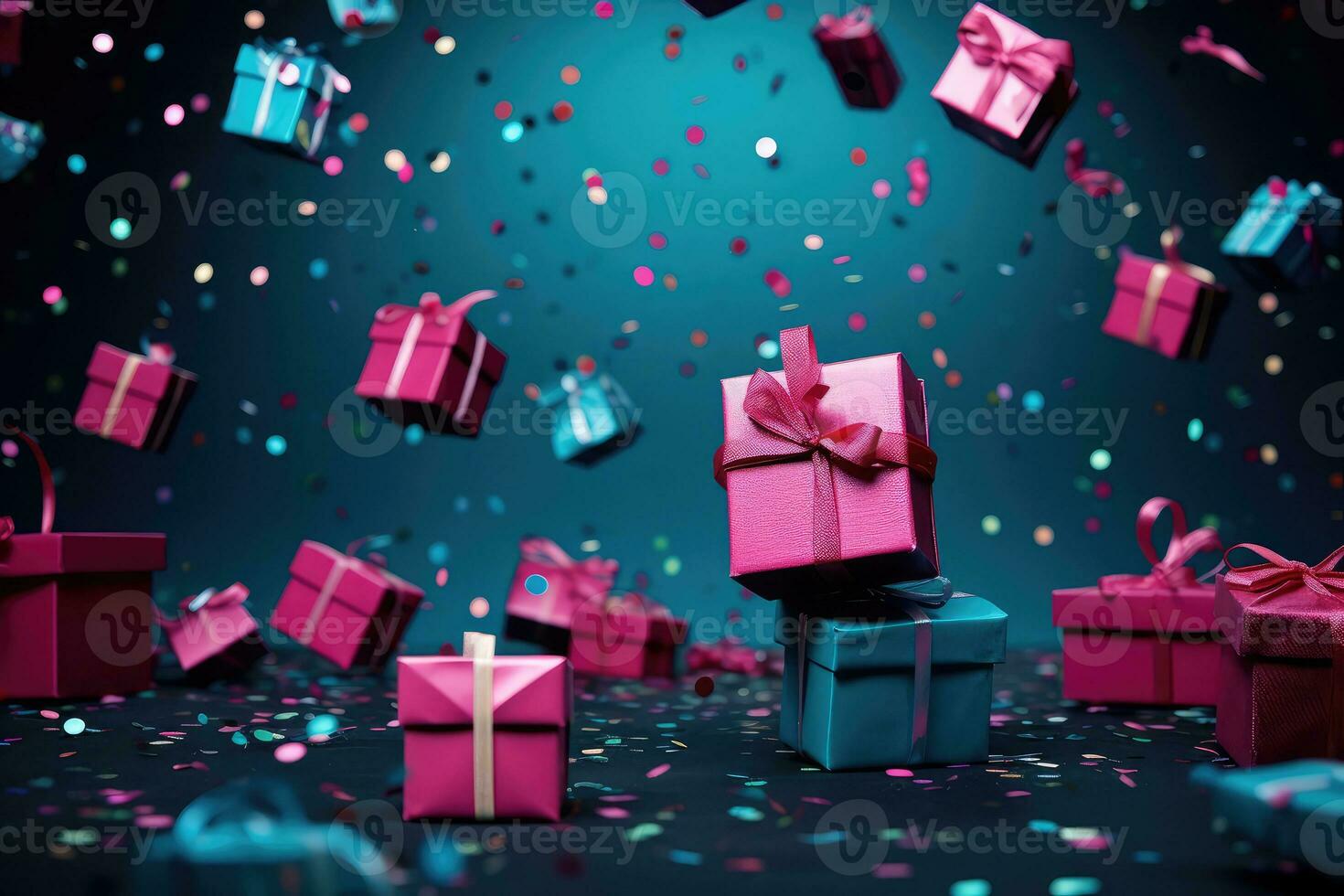 AI generated Many colorful gift boxes flying on festive blue background with confetti photo
