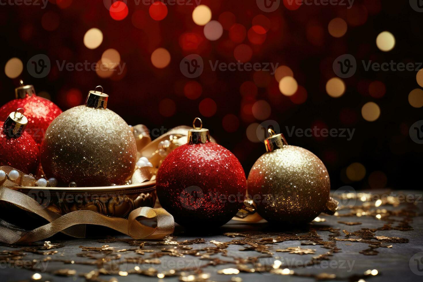 AI generated Red Christmas tree toy ball with festive golden bokeh background. photo