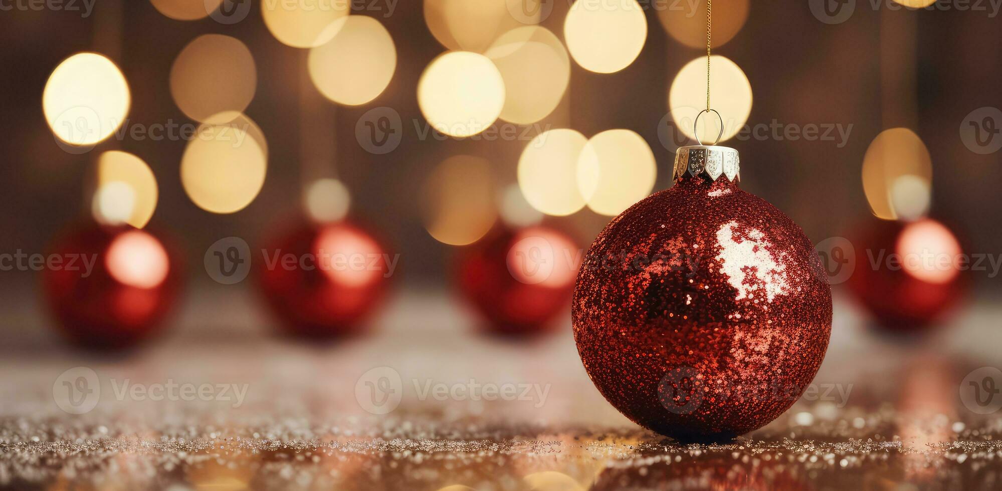 AI generated Red Christmas tree toy balls with festive golden bokeh background. photo
