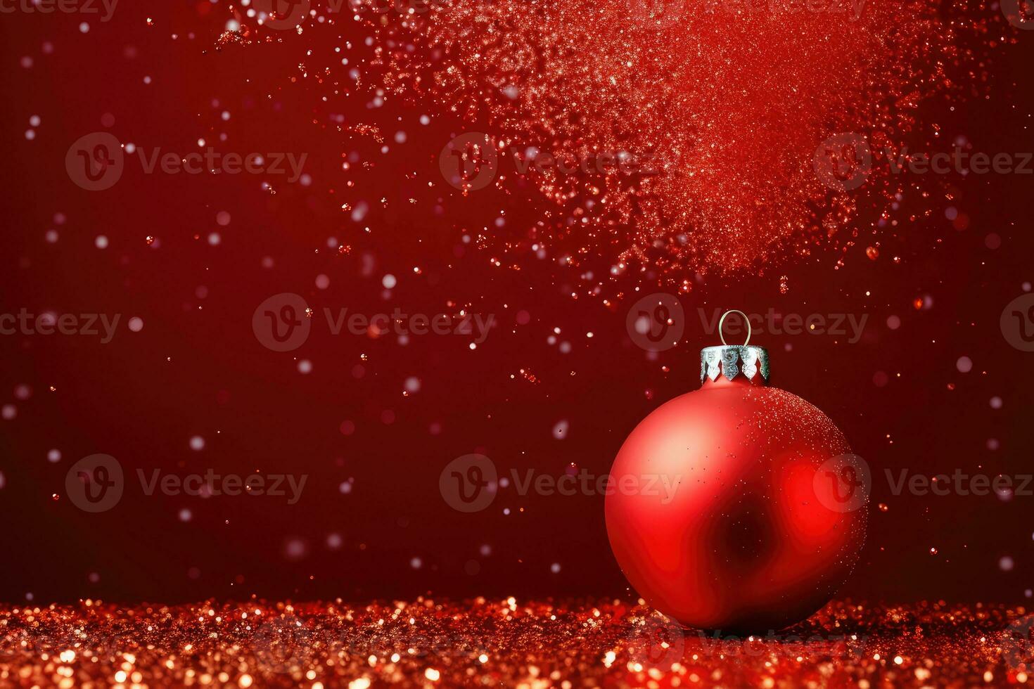 AI generated Red Christmas tree toy ball with festive confetti on a red bokeh bokeh background photo