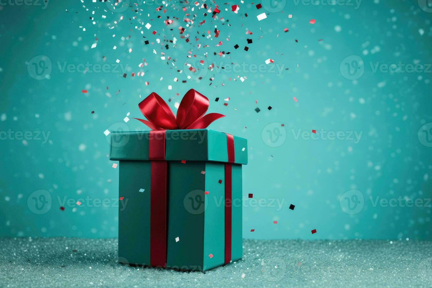 AI generated Turquoise gift box with a red bow on festive glittering bokeh blue background with confetti. photo