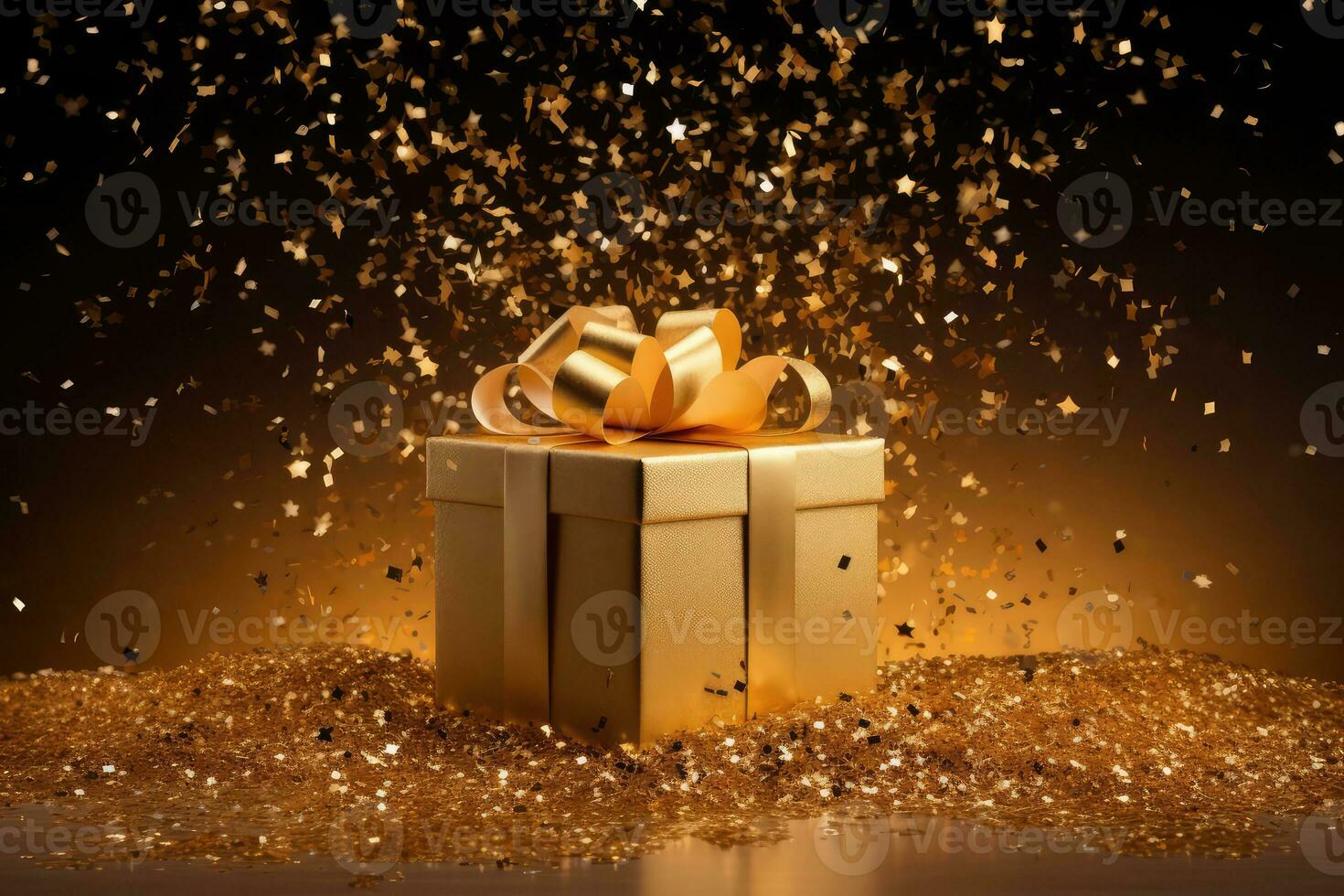 AI generated Golden gift box with a bow and confetti on festive glittering dark bokeh background photo