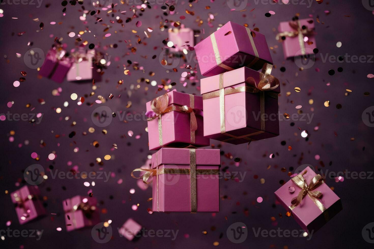 AI generated Many pink gift boxes with a bow on festive glittering bokeh dark pink background photo